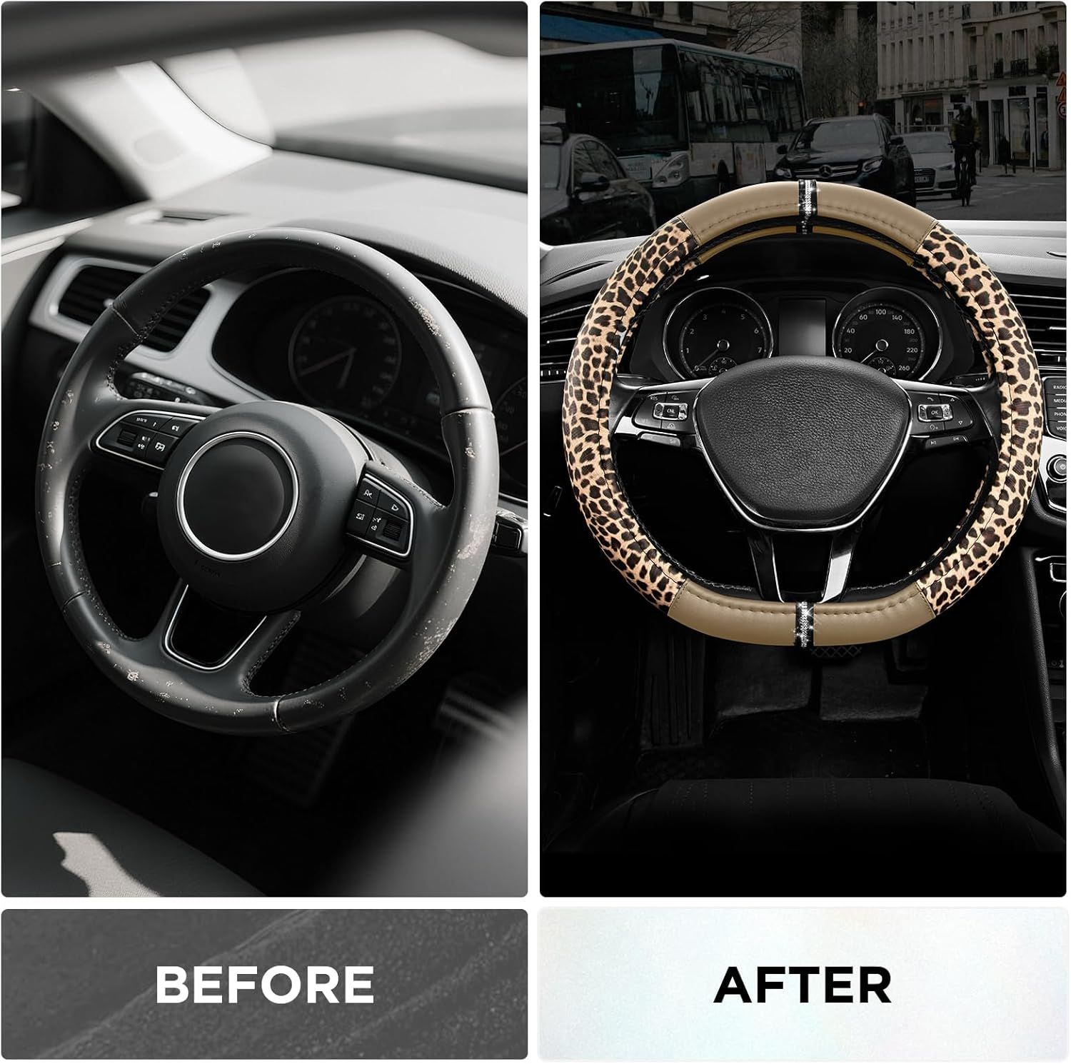 Leopard Steering Wheel Cover for Women, Cute Anti-Slip Microfiber Leather, Fits D Shape Flat Bottom Steering Wheel 14.5-15 Inch - Beige - Image 3