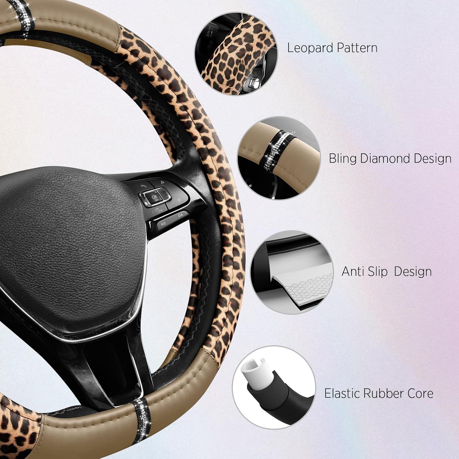 Leopard Steering Wheel Cover for Women, Cute Anti-Slip Microfiber Leather, Fits D Shape Flat Bottom Steering Wheel 14.5-15 Inch - Beige - Image 4