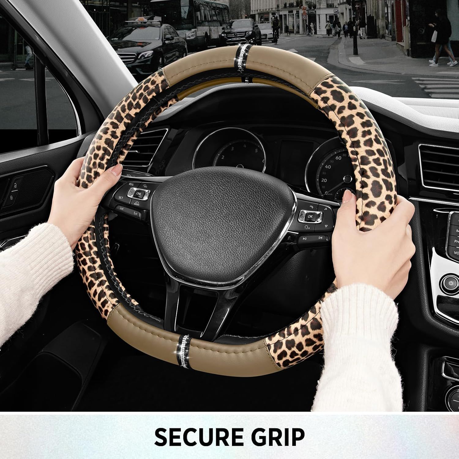 Leopard Steering Wheel Cover for Women, Cute Anti-Slip Microfiber Leather, Fits D Shape Flat Bottom Steering Wheel 14.5-15 Inch - Beige - Image 5