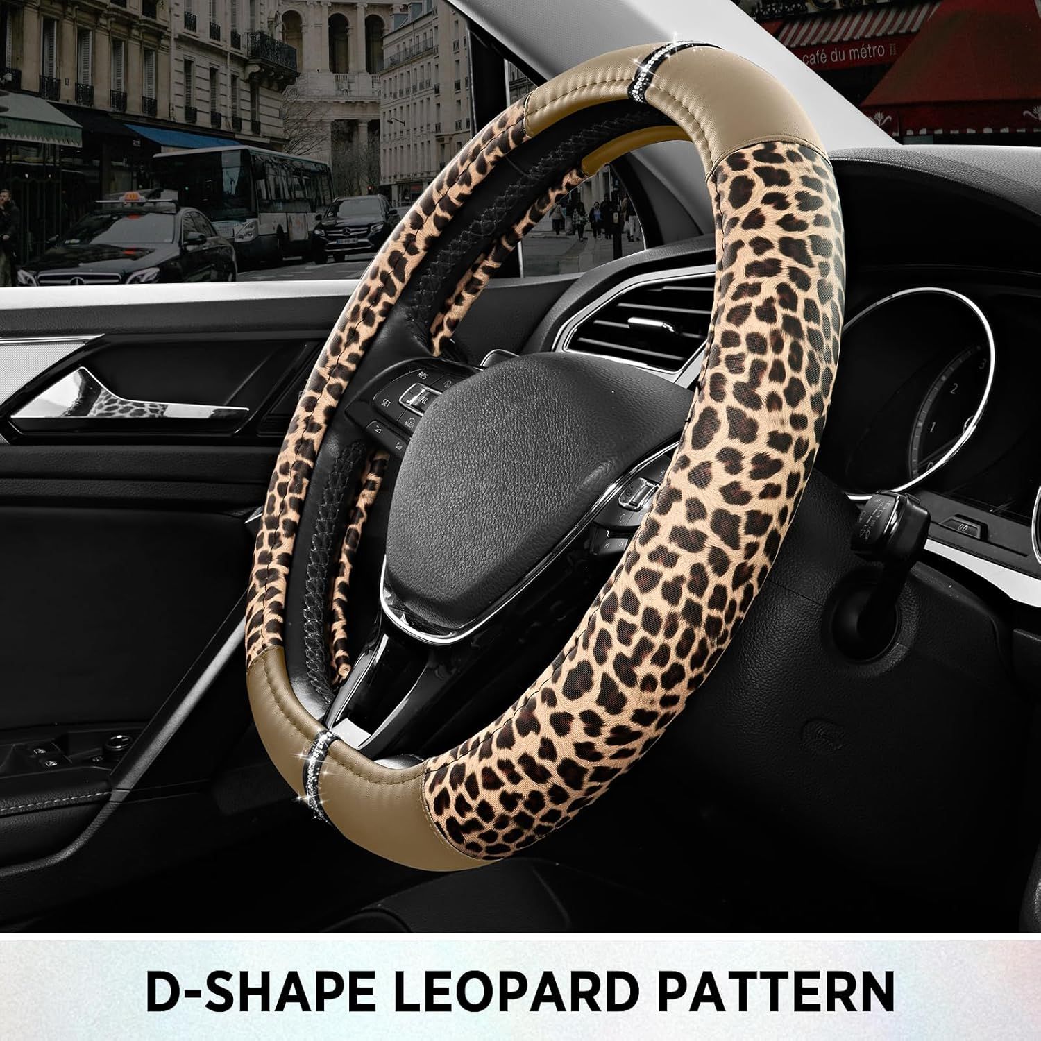 Leopard Steering Wheel Cover for Women, Cute Anti-Slip Microfiber Leather, Fits D Shape Flat Bottom Steering Wheel 14.5-15 Inch - Beige - Image 6