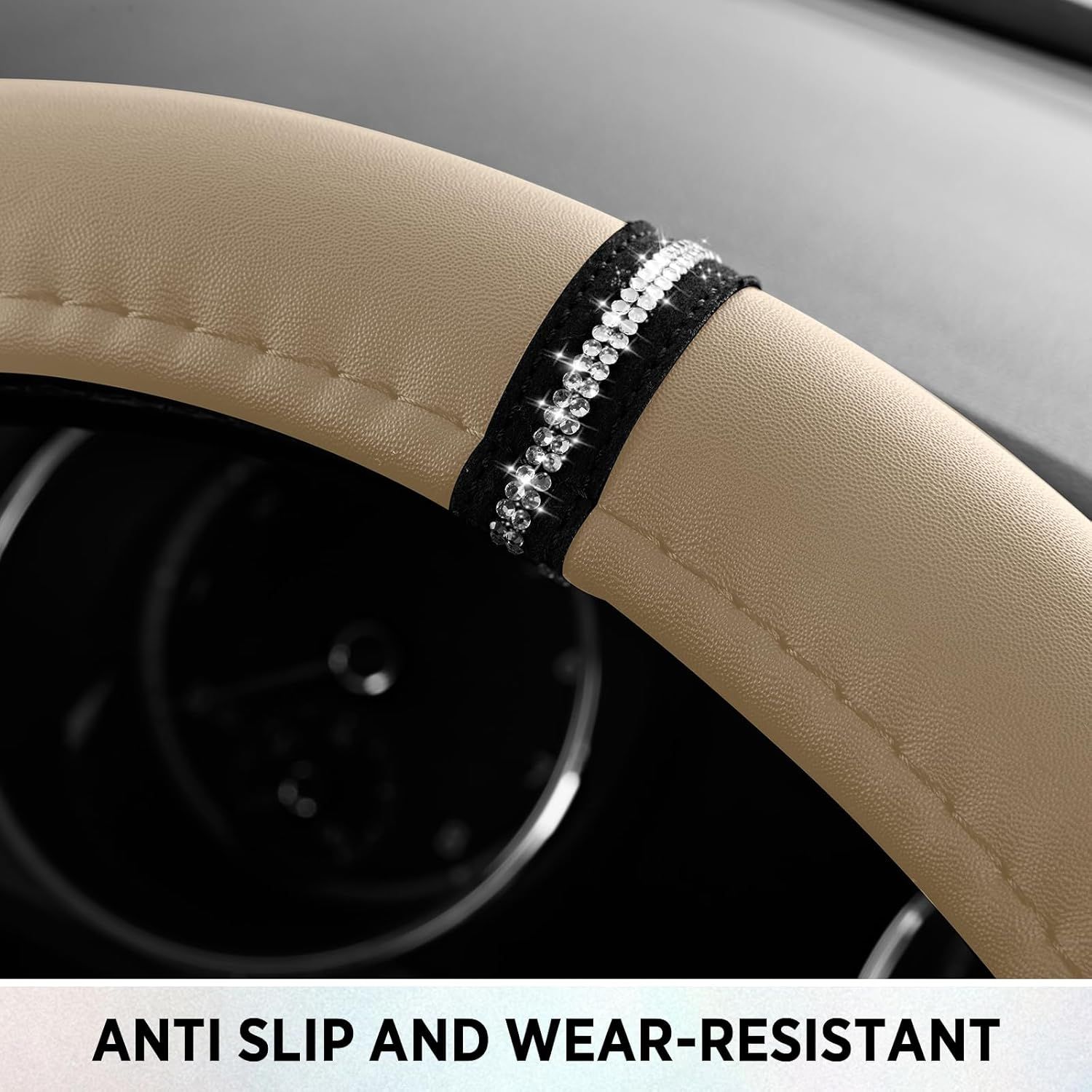 Leopard Steering Wheel Cover for Women, Cute Anti-Slip Microfiber Leather, Fits D Shape Flat Bottom Steering Wheel 14.5-15 Inch - Beige - Image 7
