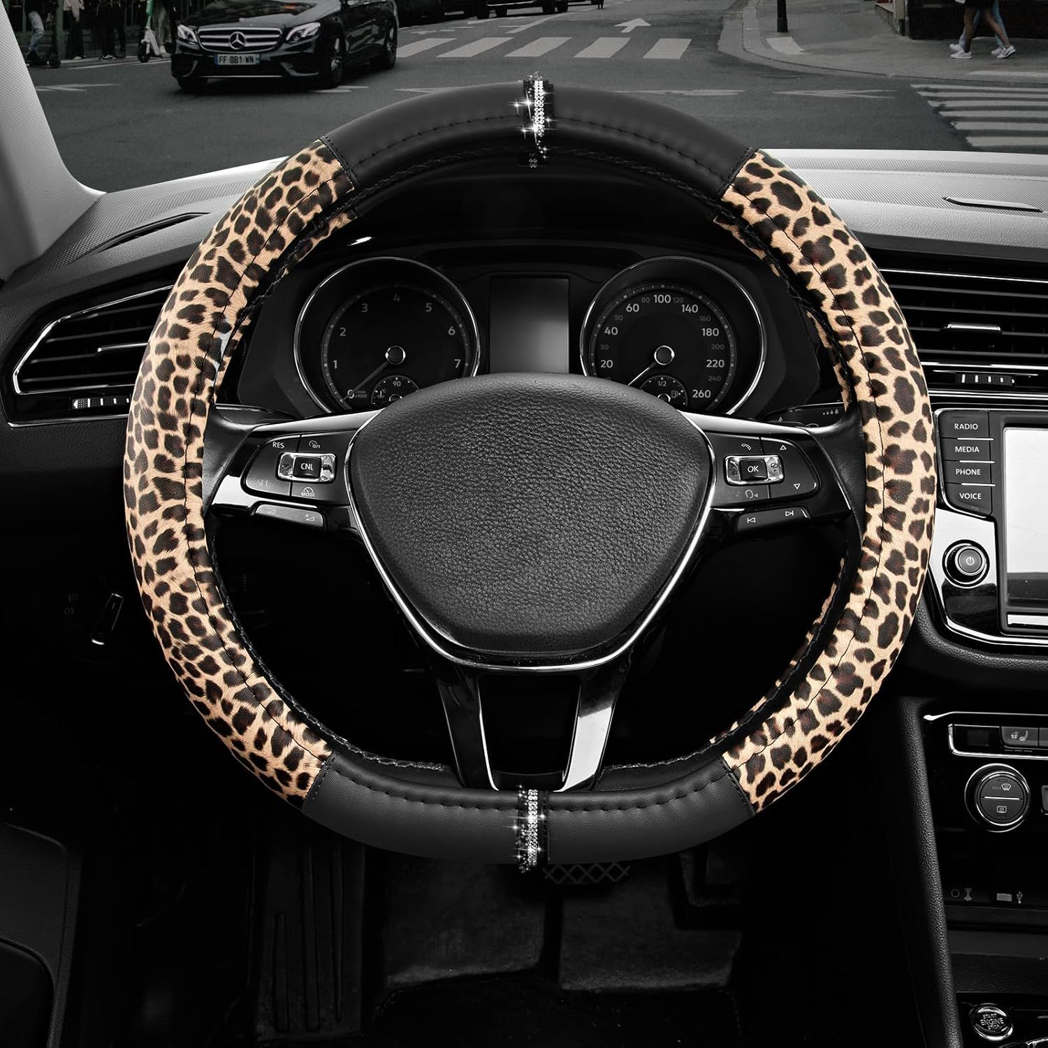 Leopard Steering Wheel Cover for Women, Cute Anti-Slip Microfiber Leather, Fits D Shape Flat Bottom Steering Wheel 14.5-15 Inch - Black - Image 1