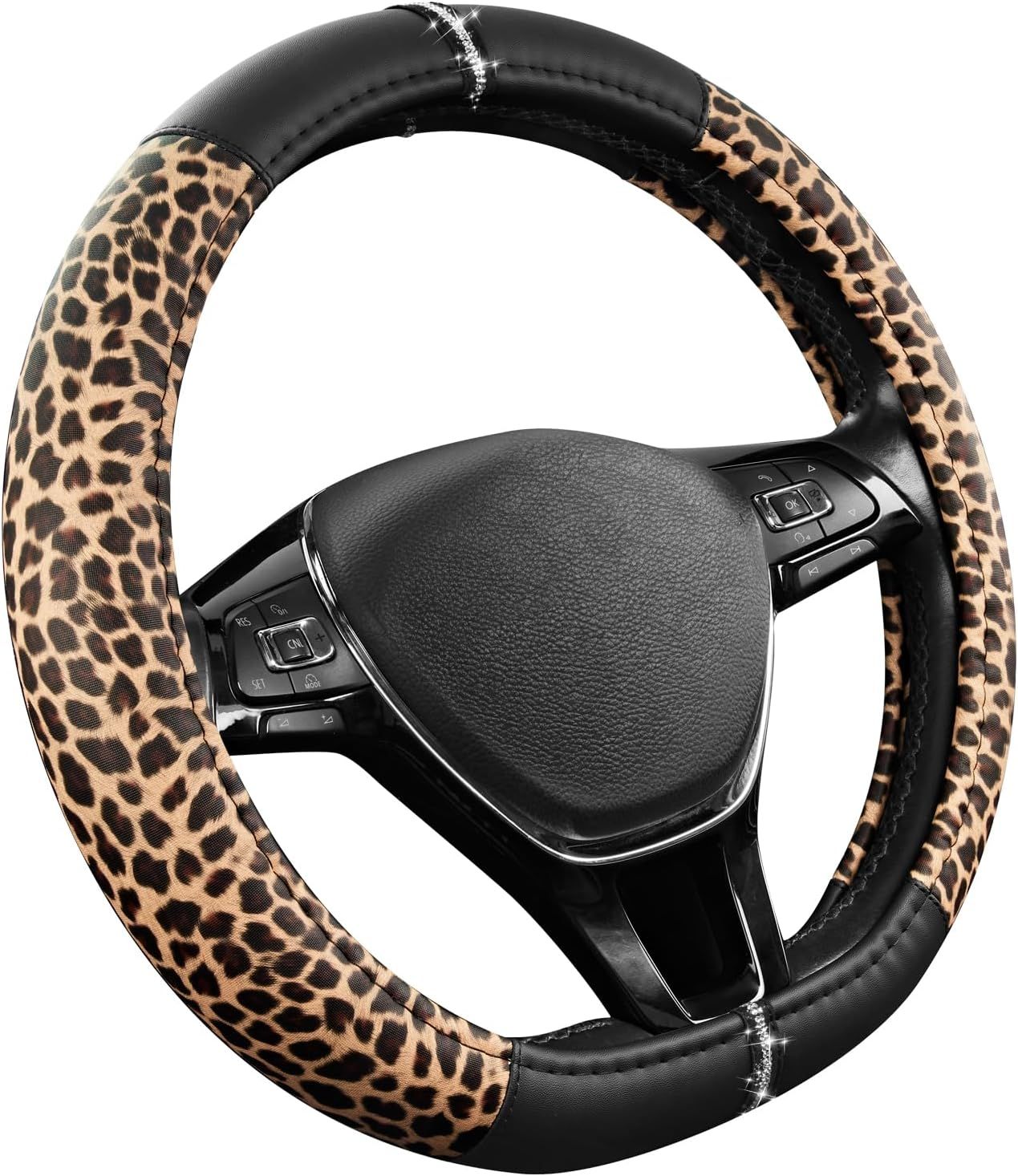 Leopard Steering Wheel Cover for Women, Cute Anti-Slip Microfiber Leather, Fits D Shape Flat Bottom Steering Wheel 14.5-15 Inch - Black - Image 2