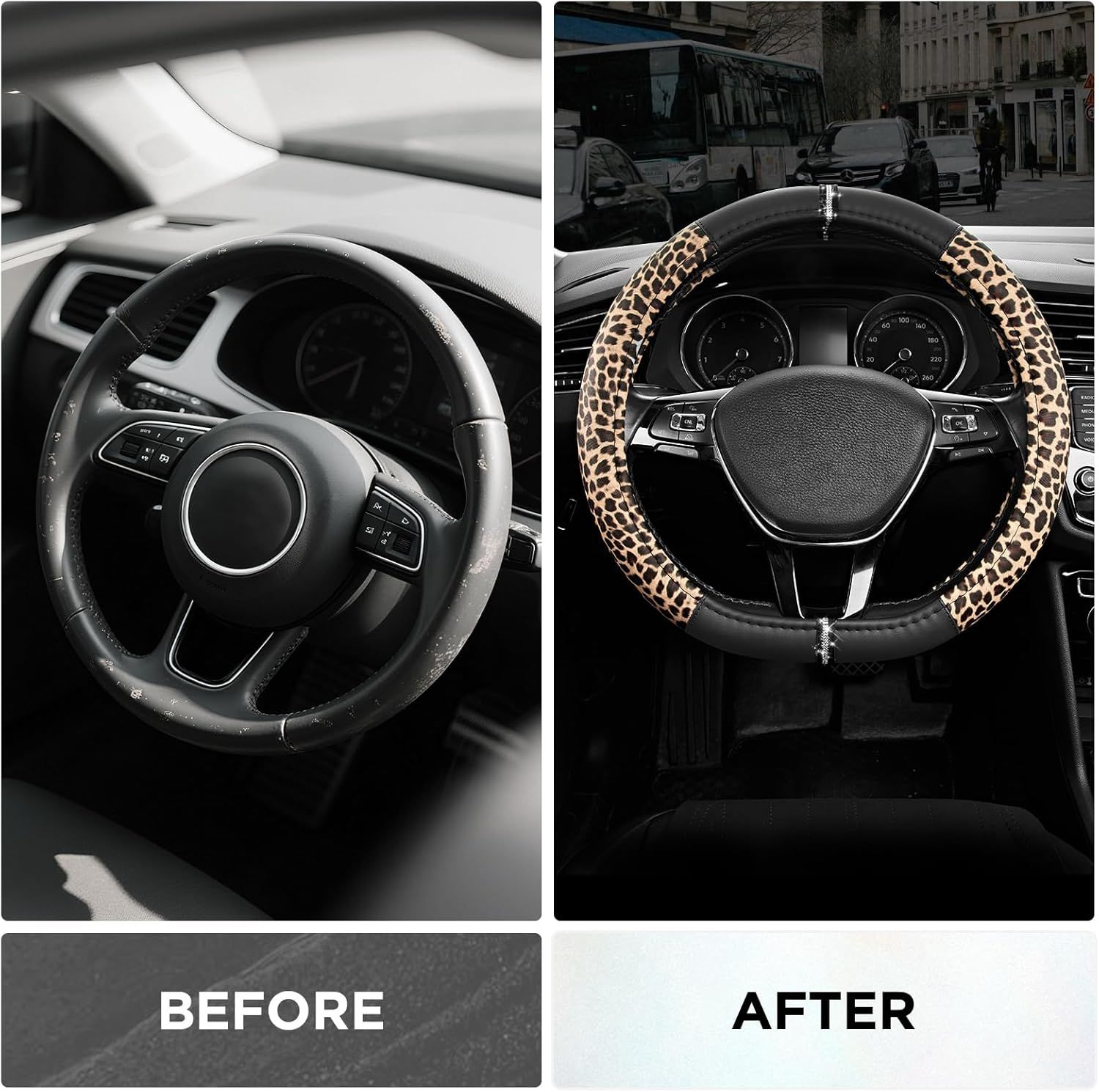 Leopard Steering Wheel Cover for Women, Cute Anti-Slip Microfiber Leather, Fits D Shape Flat Bottom Steering Wheel 14.5-15 Inch - Black - Image 3
