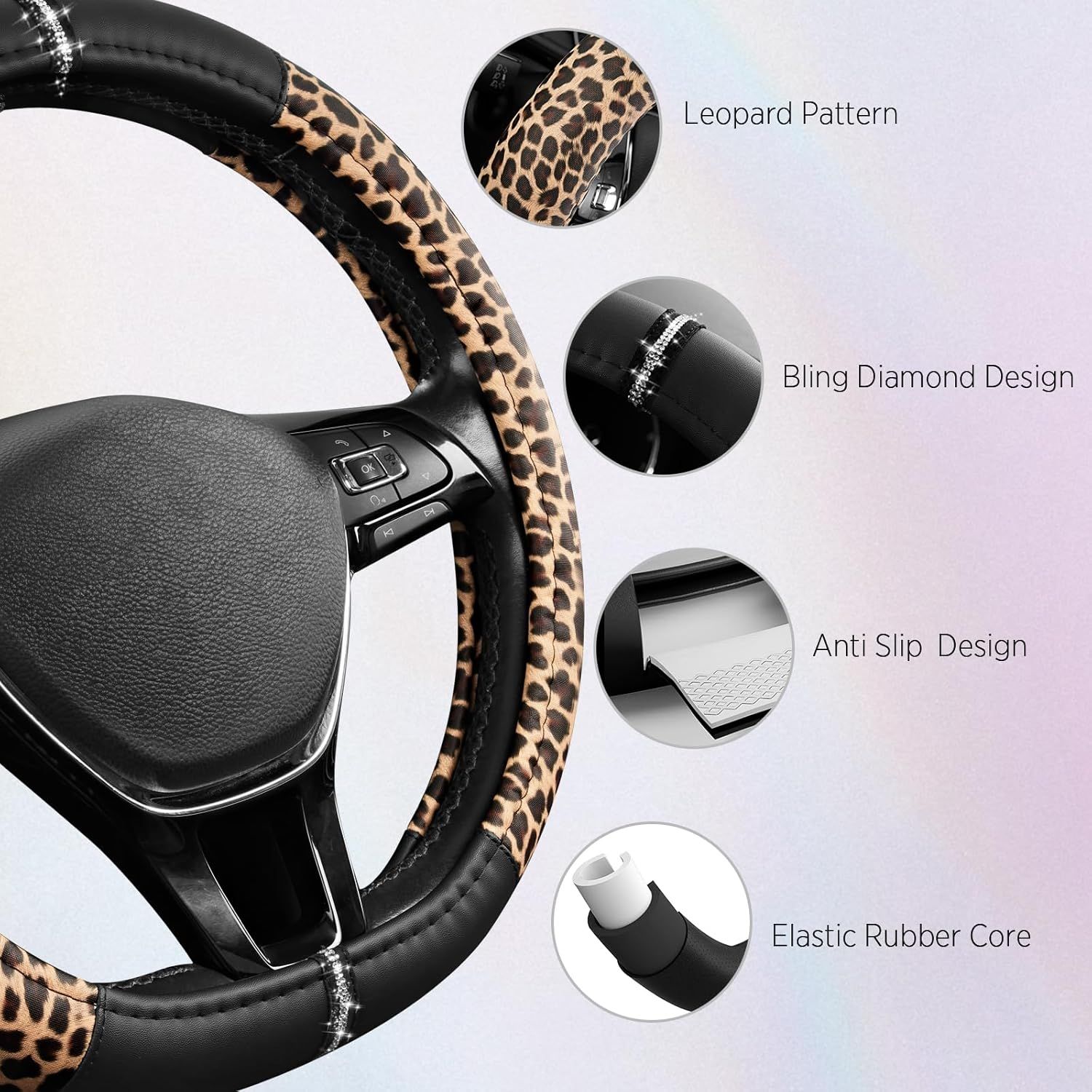 Leopard Steering Wheel Cover for Women, Cute Anti-Slip Microfiber Leather, Fits D Shape Flat Bottom Steering Wheel 14.5-15 Inch - Black - Image 4