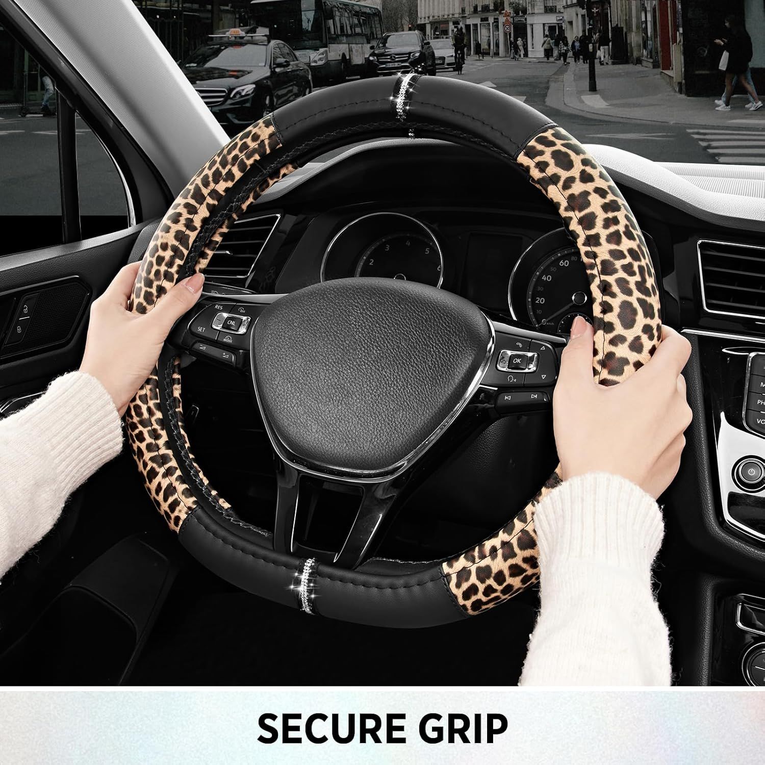 Leopard Steering Wheel Cover for Women, Cute Anti-Slip Microfiber Leather, Fits D Shape Flat Bottom Steering Wheel 14.5-15 Inch - Black - Image 5