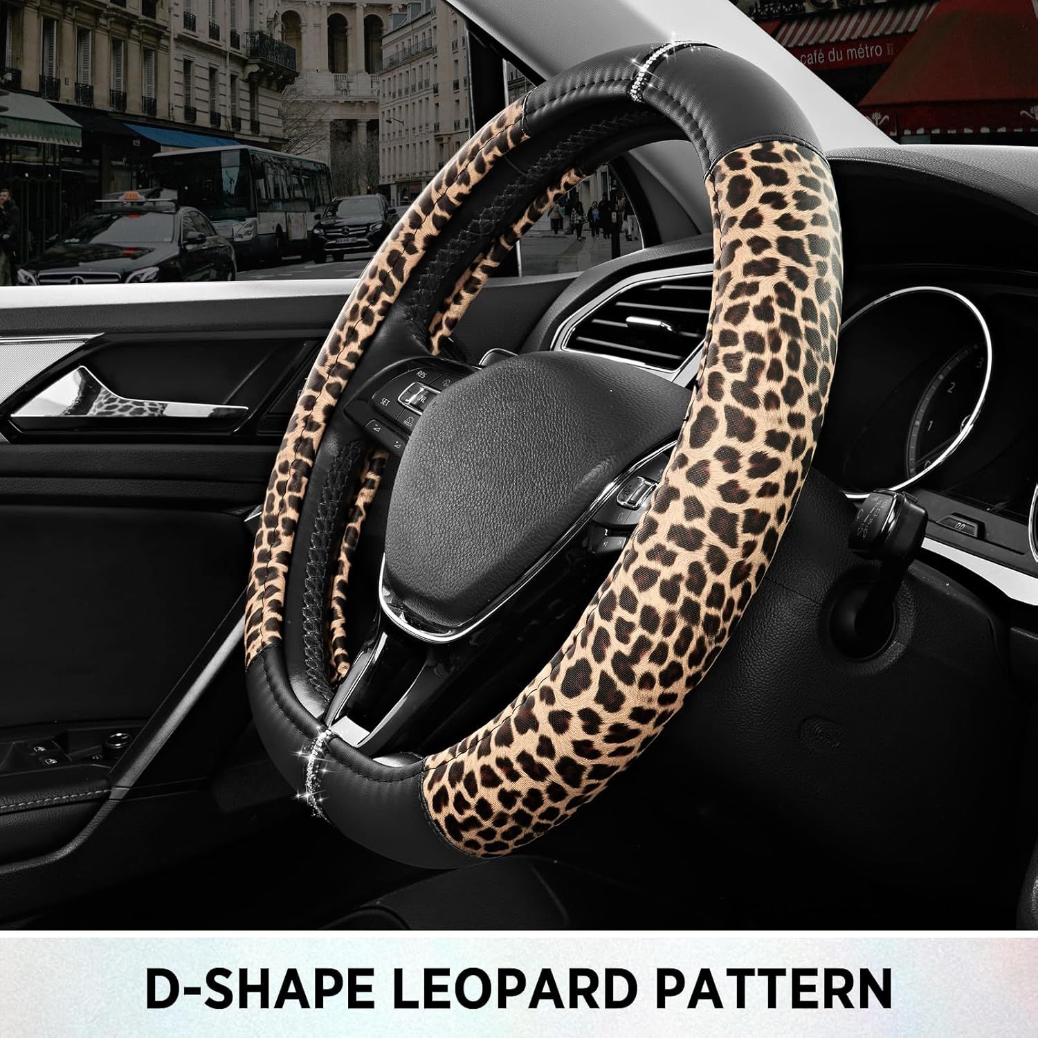 Leopard Steering Wheel Cover for Women, Cute Anti-Slip Microfiber Leather, Fits D Shape Flat Bottom Steering Wheel 14.5-15 Inch - Black - Image 6