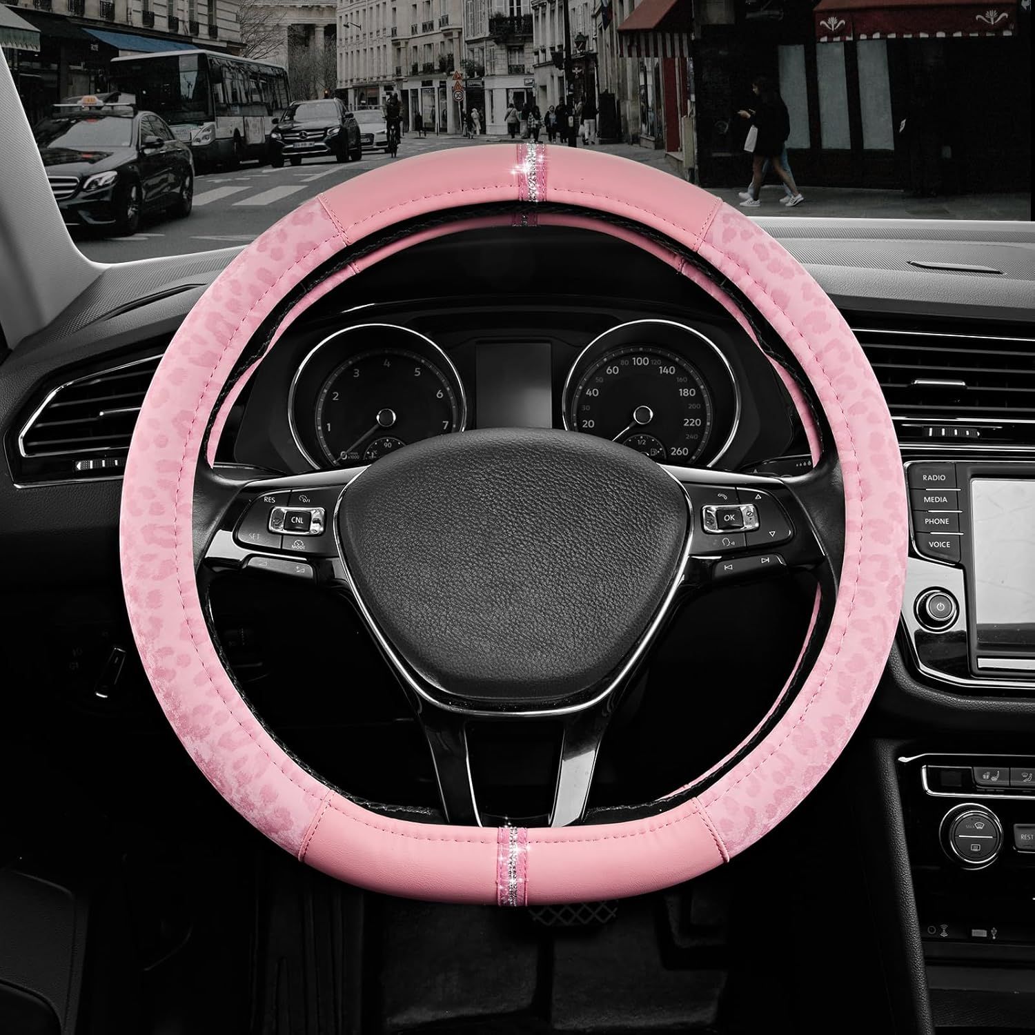 Leopard Steering Wheel Cover for Women, Cute Anti-Slip Microfiber Leather, Fits D Shape Flat Bottom Steering Wheel 14.5-15 Inch - Pink and Pink Leapoard - Image 1