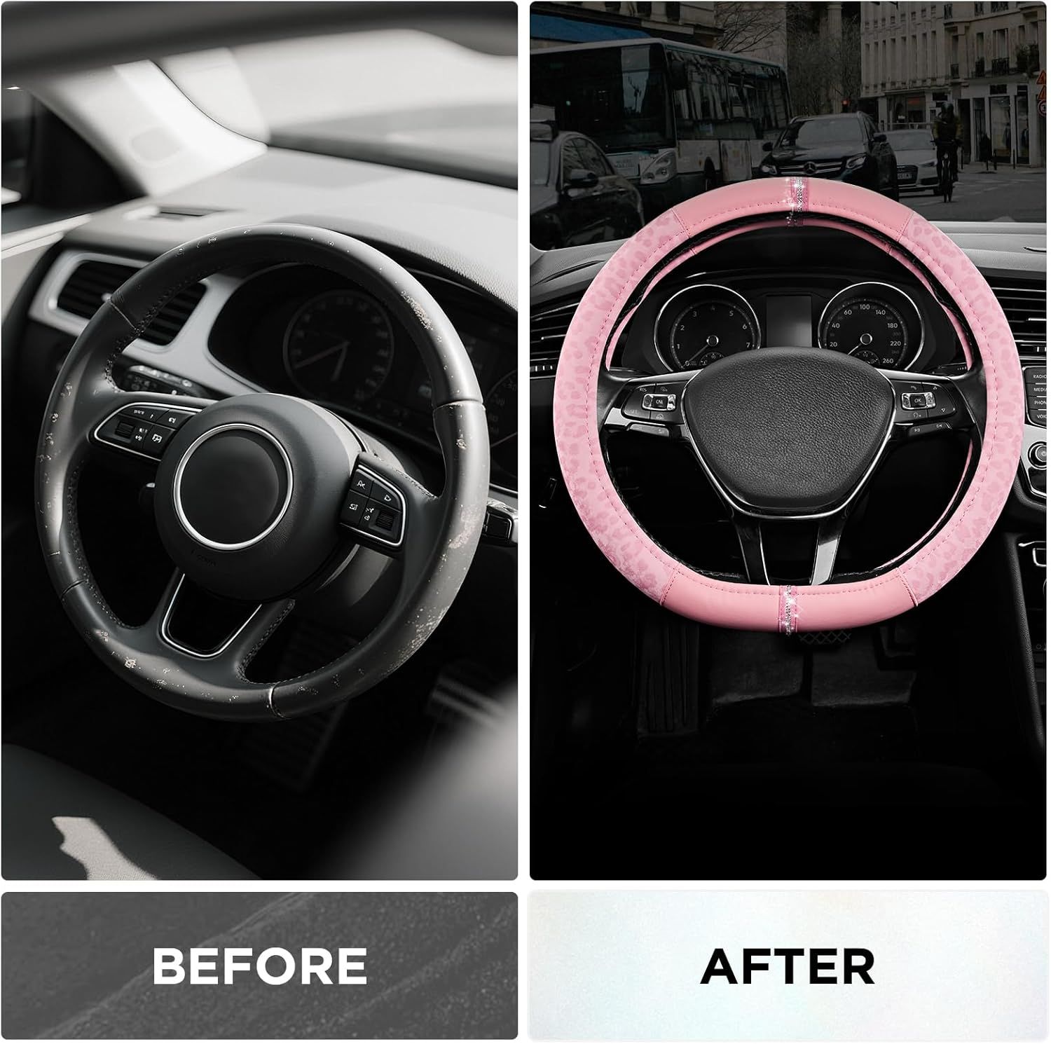 Leopard Steering Wheel Cover for Women, Cute Anti-Slip Microfiber Leather, Fits D Shape Flat Bottom Steering Wheel 14.5-15 Inch - Pink and Pink Leapoard - Image 3