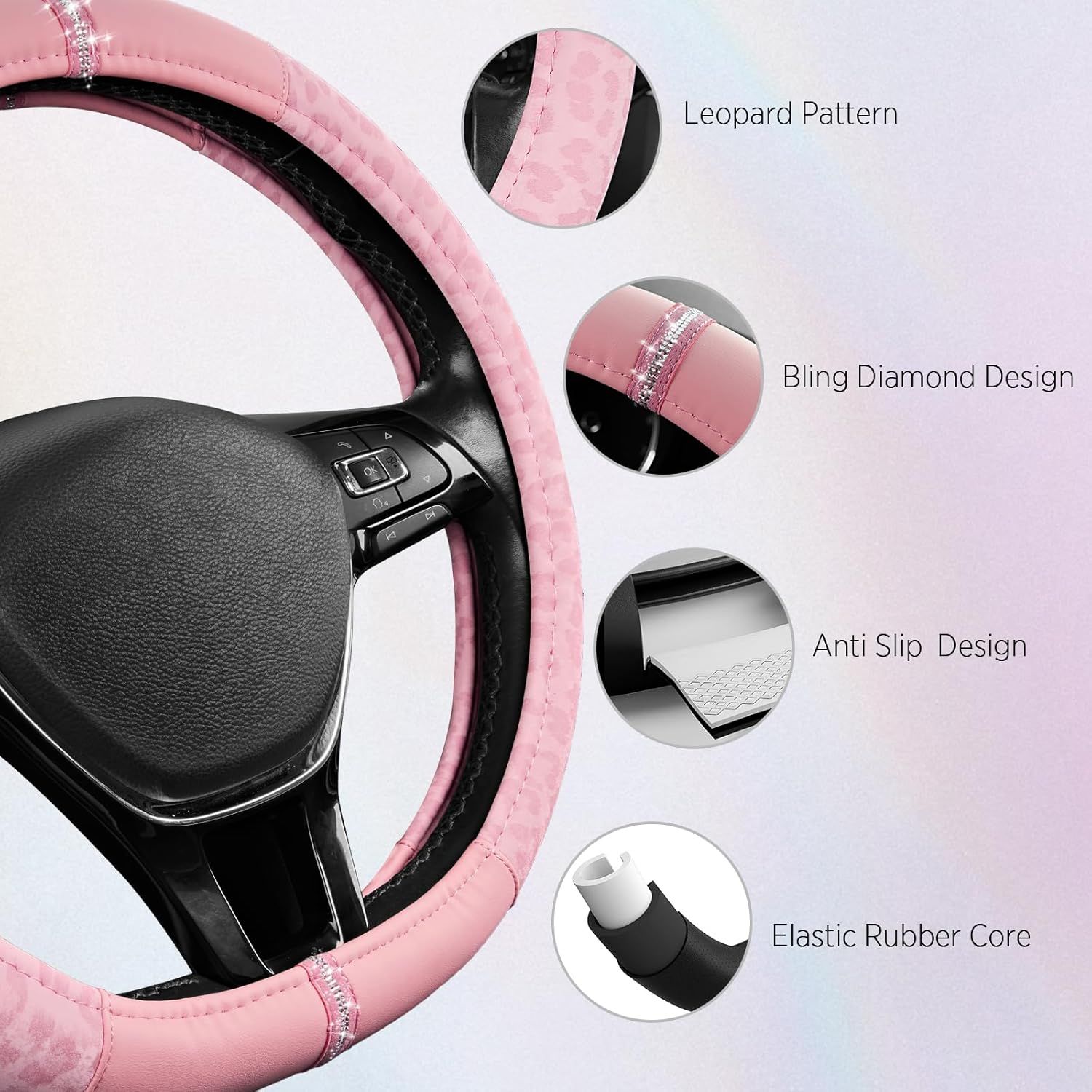 Leopard Steering Wheel Cover for Women, Cute Anti-Slip Microfiber Leather, Fits D Shape Flat Bottom Steering Wheel 14.5-15 Inch - Pink and Pink Leapoard - Image 4