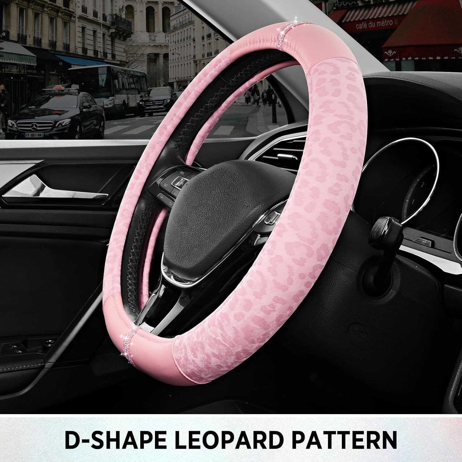 Leopard Steering Wheel Cover for Women, Cute Anti-Slip Microfiber Leather, Fits D Shape Flat Bottom Steering Wheel 14.5-15 Inch - Pink and Pink Leapoard - Image 6