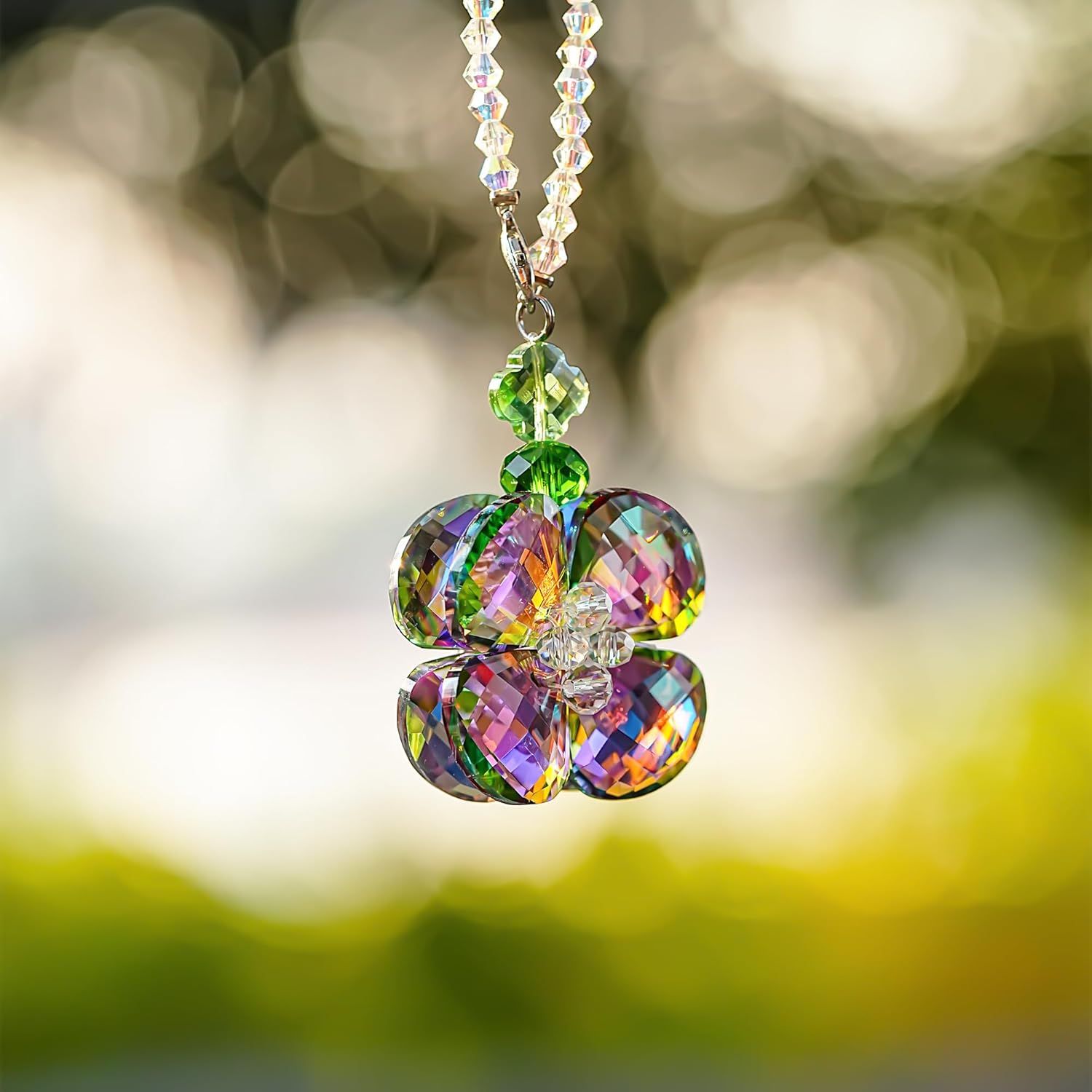 Crystal Four Leaf Clover Car Rear View Mirror Pendant Hanging Ornament for Car Accessories, Backpack, or Bag Decor - Image 1