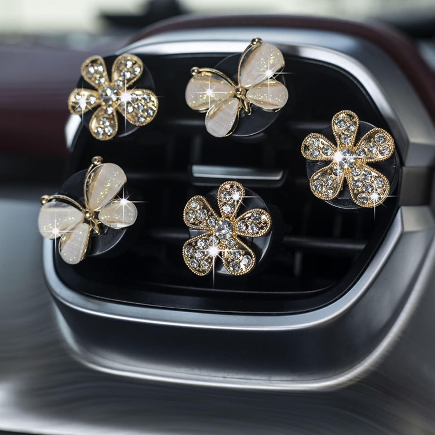 5Pcs Bling Butterfly & Flower Car Air Vent Clips, Rhinestone Car Air Freshener, Luxury Car Interior Decor Accessories for Women - Image 1