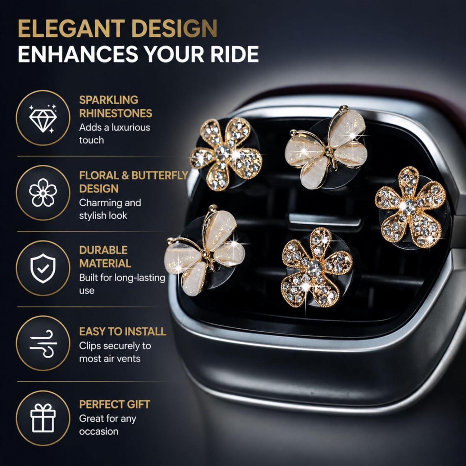 5Pcs Bling Butterfly & Flower Car Air Vent Clips, Rhinestone Car Air Freshener, Luxury Car Interior Decor Accessories for Women - Image 2