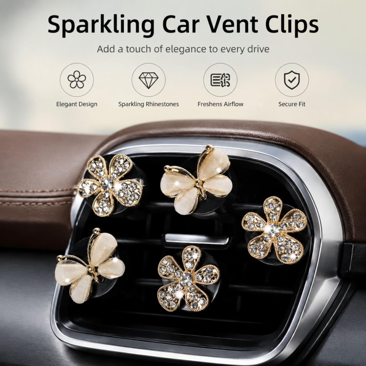 5Pcs Bling Butterfly & Flower Car Air Vent Clips, Rhinestone Car Air Freshener, Luxury Car Interior Decor Accessories for Women - Image 3