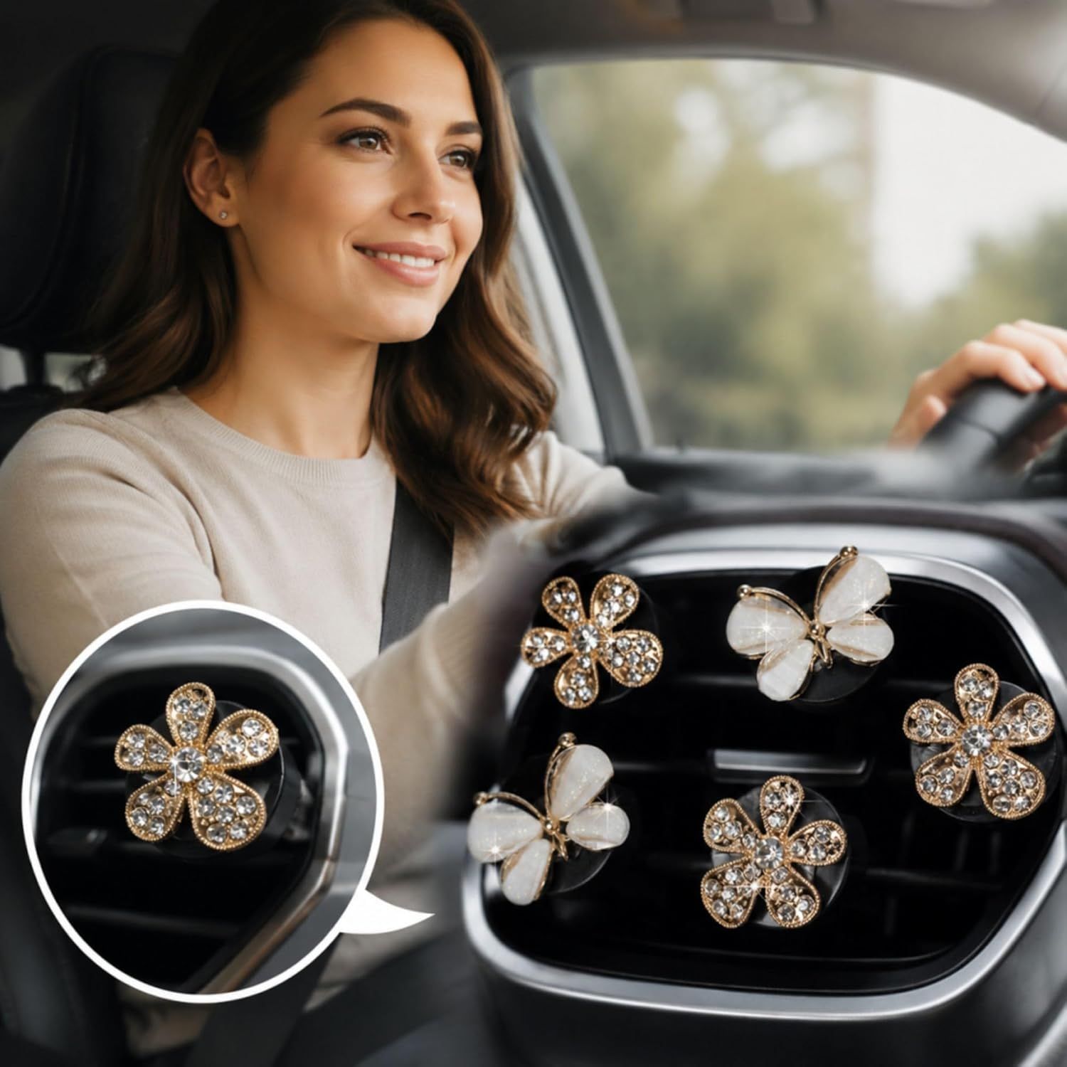 5Pcs Bling Butterfly & Flower Car Air Vent Clips, Rhinestone Car Air Freshener, Luxury Car Interior Decor Accessories for Women - Image 4