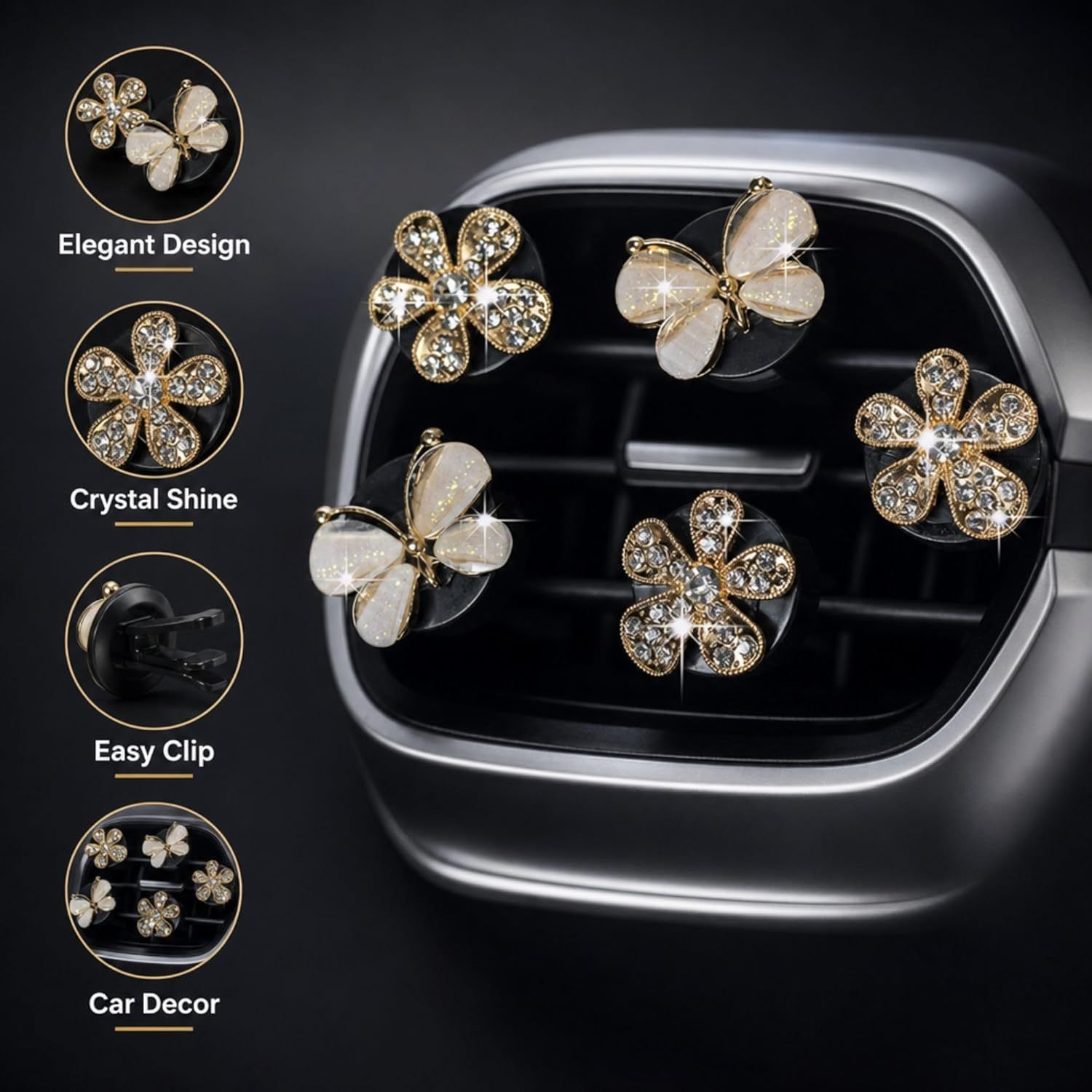 5Pcs Bling Butterfly & Flower Car Air Vent Clips, Rhinestone Car Air Freshener, Luxury Car Interior Decor Accessories for Women - Image 5
