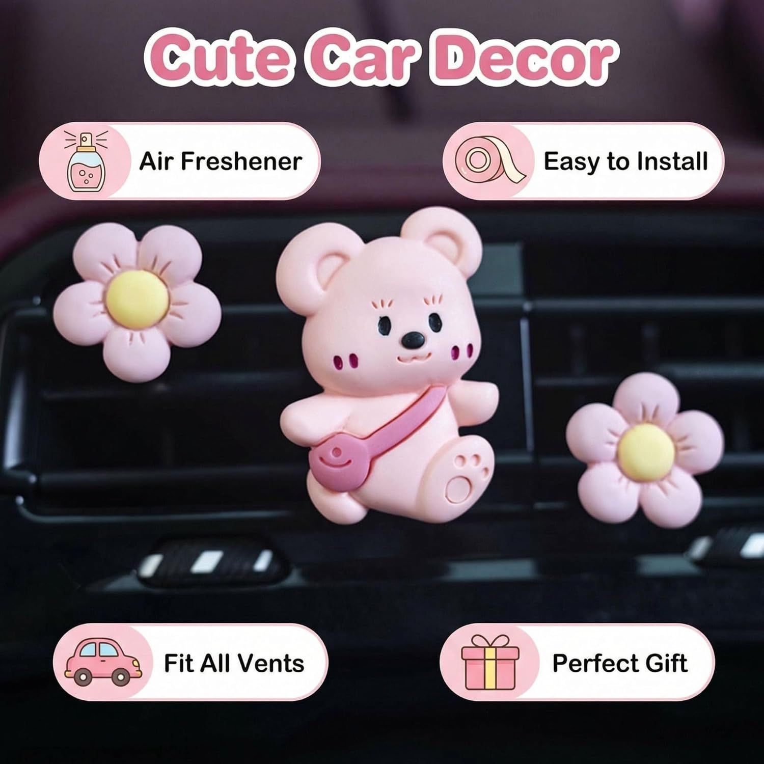 3Pcs Cute Bear Car Air Freshener Vent Clips, Aromatherapy Car Decor for Girls (Pink) - Image 6