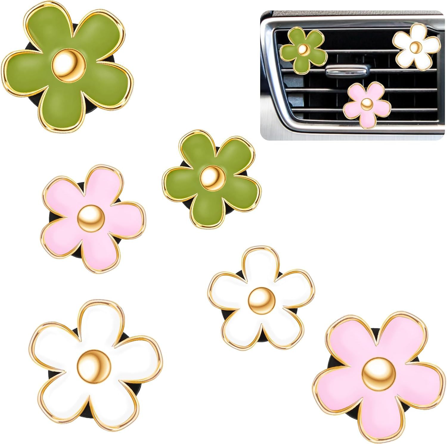 6 Pcs Daisy Flower Air Vent Clip Accessories Air Conditioning Outlet Clip Car Freshener Dashboard Accessories Charm Car Inter Decor (Green, Pink,White,3/3.3 cm) - Image 1