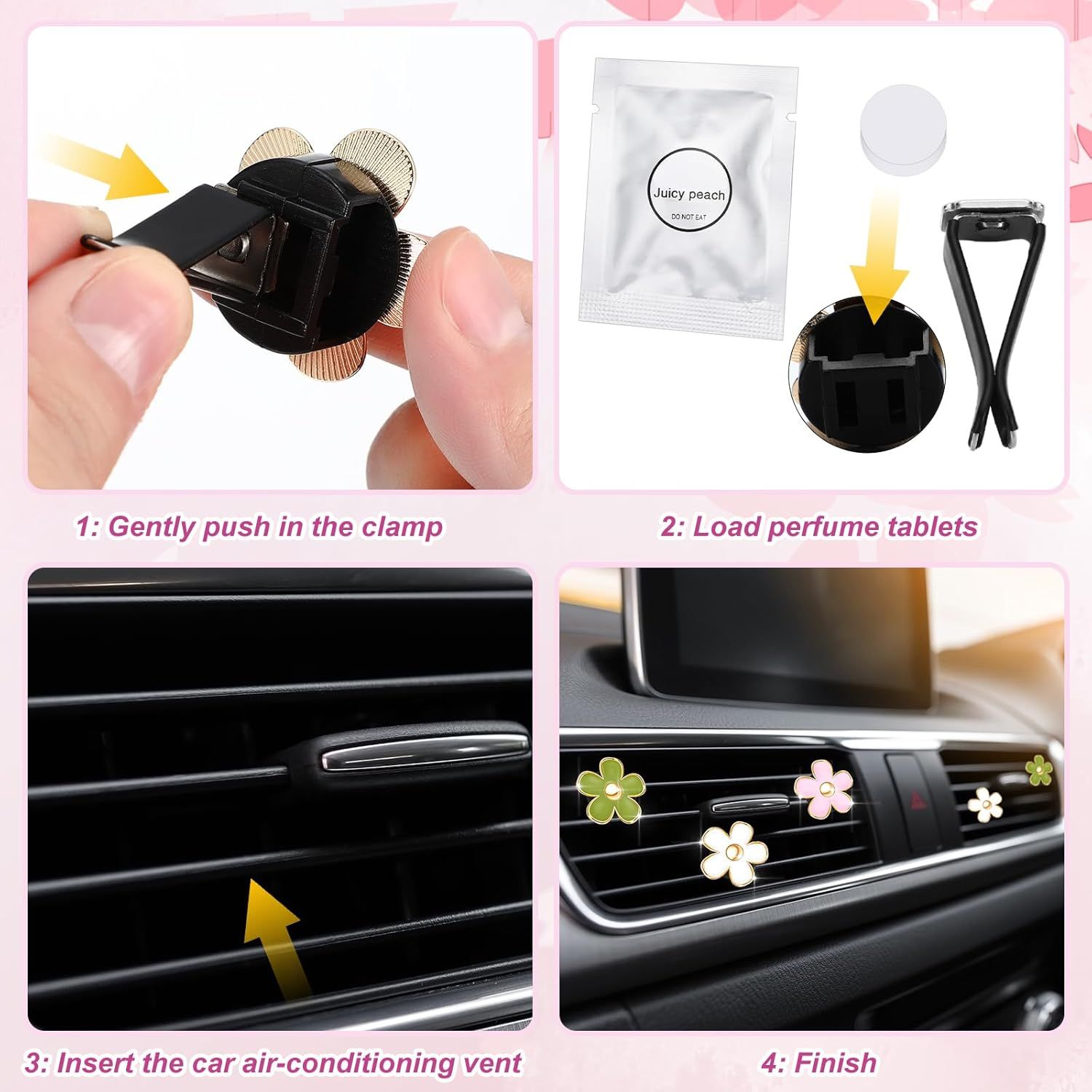 6 Pcs Daisy Flower Air Vent Clip Accessories Air Conditioning Outlet Clip Car Freshener Dashboard Accessories Charm Car Inter Decor (Green, Pink,White,3/3.3 cm) - Image 3