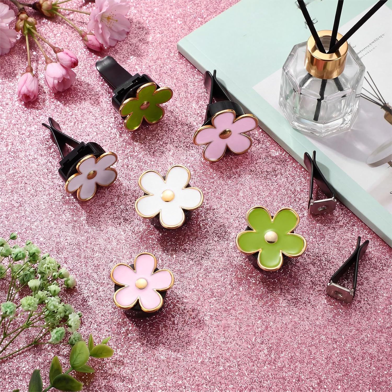 6 Pcs Daisy Flower Air Vent Clip Accessories Air Conditioning Outlet Clip Car Freshener Dashboard Accessories Charm Car Inter Decor (Green, Pink,White,3/3.3 cm) - Image 4