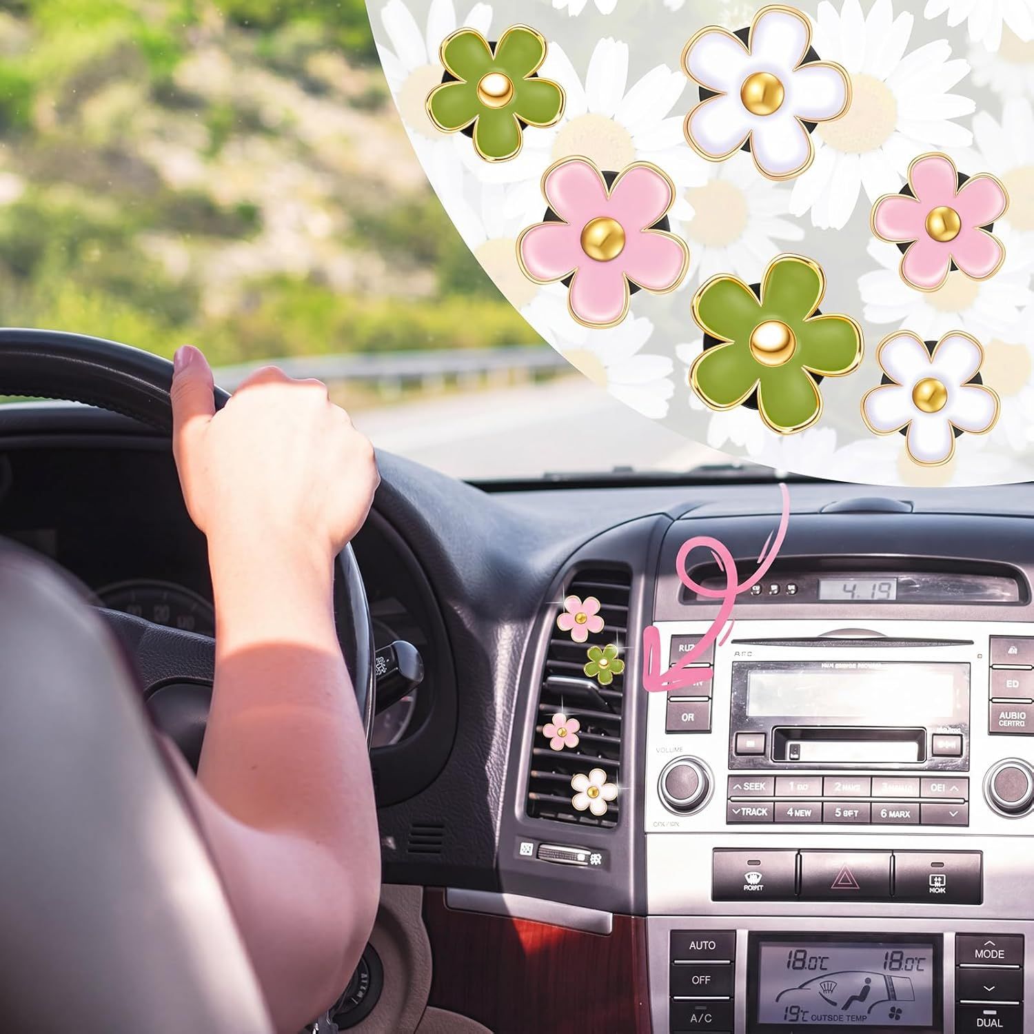 6 Pcs Daisy Flower Air Vent Clip Accessories Air Conditioning Outlet Clip Car Freshener Dashboard Accessories Charm Car Inter Decor (Green, Pink,White,3/3.3 cm) - Image 5
