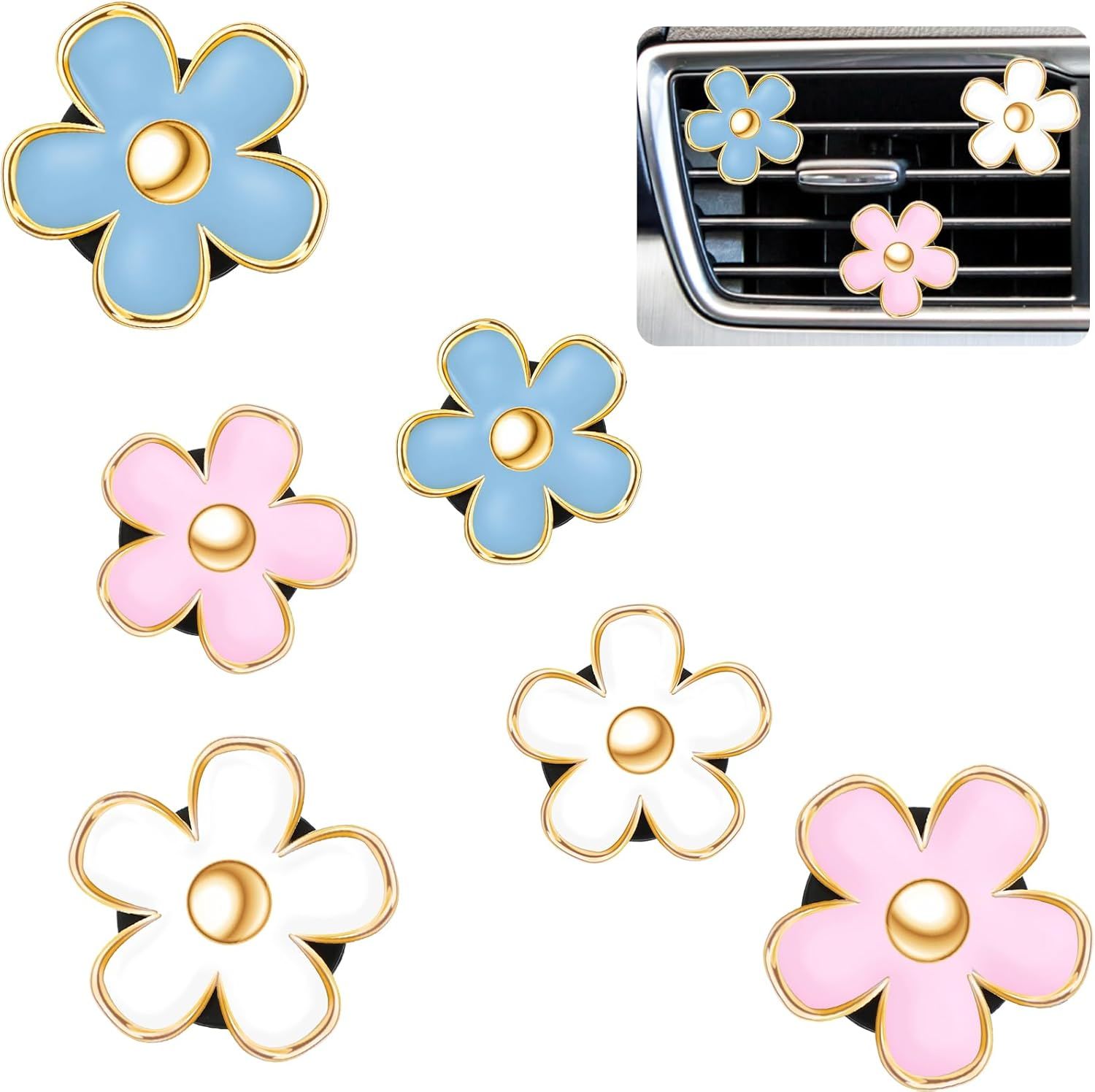 6 Pcs Daisy Flower Air Vent Clip Accessories Air Conditioning Outlet Clip Car Freshener Dashboard Accessories Charm Car Inter Decor(Blue, Pink,White,3/3.3 cm) - Image 1
