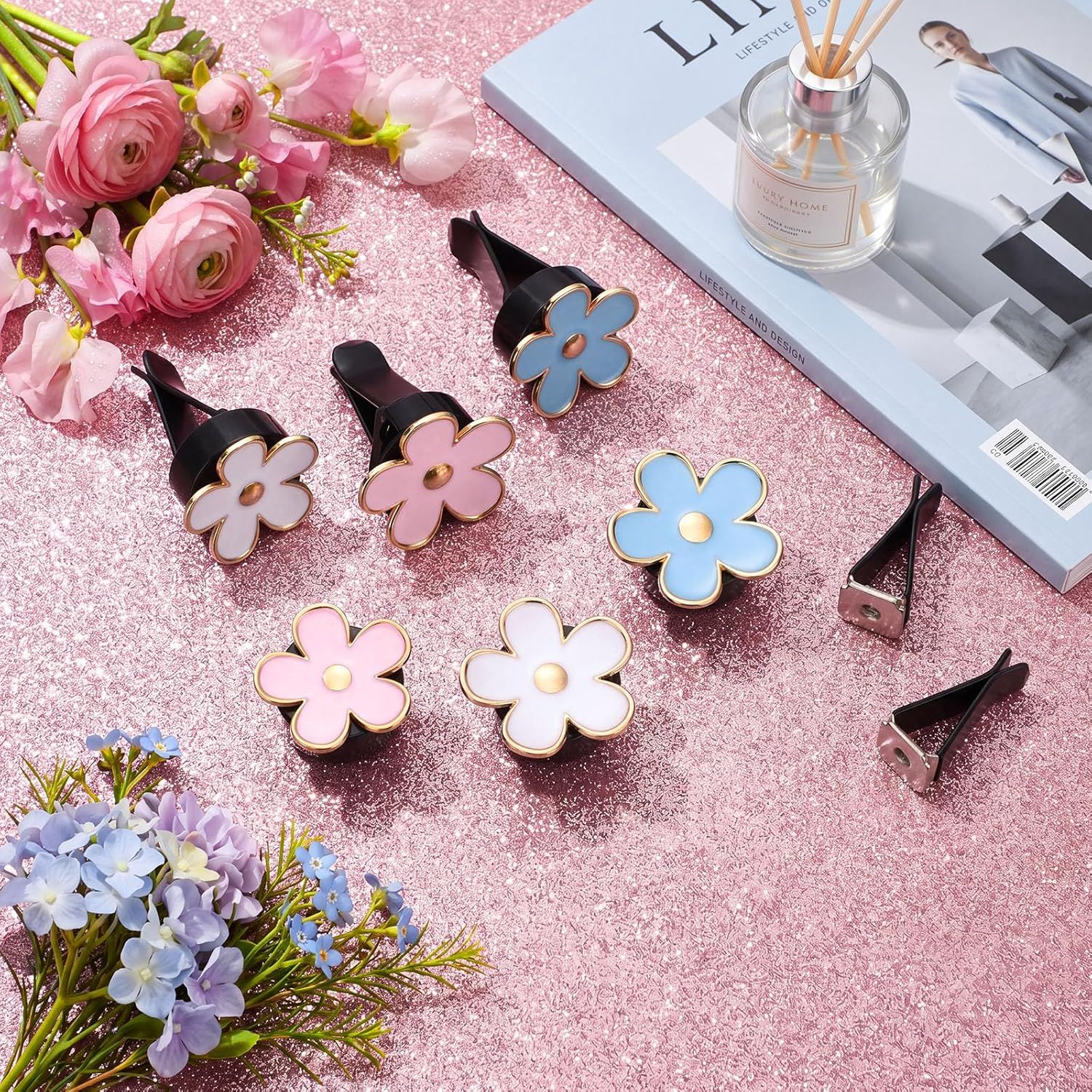 6 Pcs Daisy Flower Air Vent Clip Accessories Air Conditioning Outlet Clip Car Freshener Dashboard Accessories Charm Car Inter Decor(Blue, Pink,White,3/3.3 cm) - Image 4