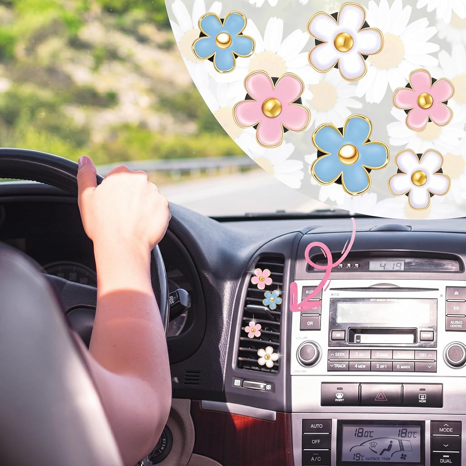 6 Pcs Daisy Flower Air Vent Clip Accessories Air Conditioning Outlet Clip Car Freshener Dashboard Accessories Charm Car Inter Decor(Blue, Pink,White,3/3.3 cm) - Image 6