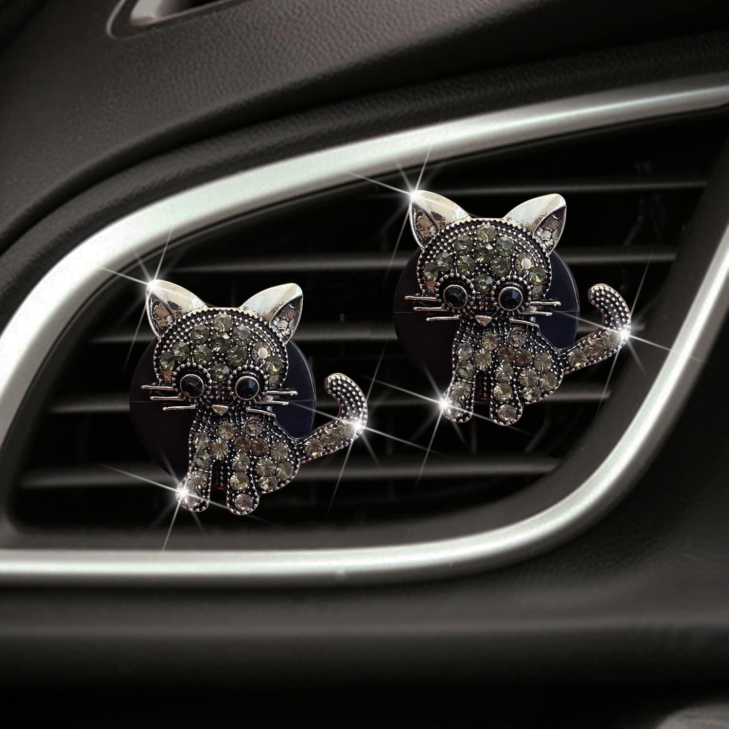 Bling Rhinestone Car Air Vent Clip,Dashboard Outlet Clip,Car Air Freshener Vent Clips,Car Air Conditioning Outlet Clip Decorative,Bling Car Accessories Car Interior Decoration Charm,Cute Car Decor (Cute kitten-BK) - Image 2
