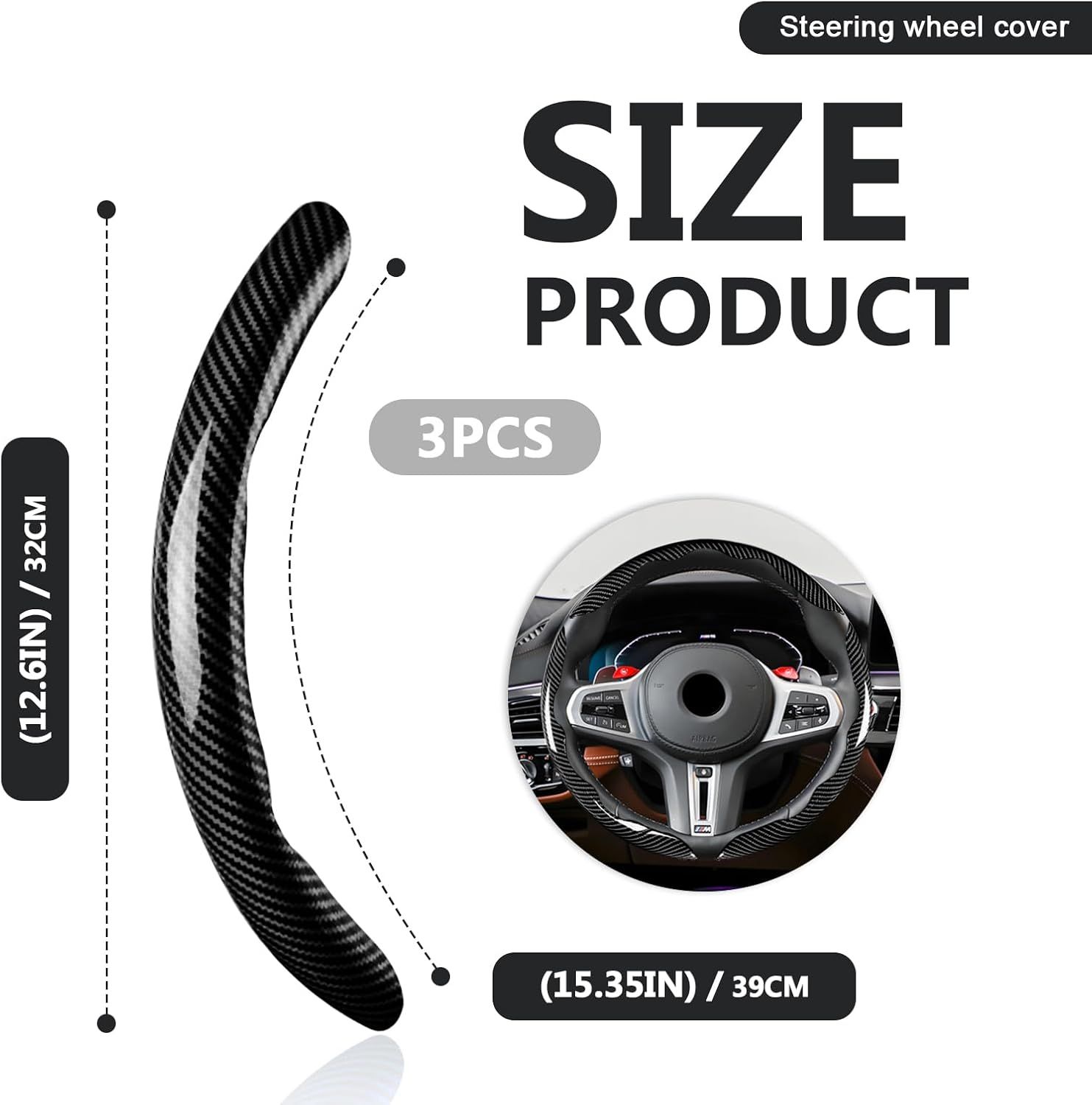 3pcs Universal Carbon Fiber Steering Wheel Cover - Anti-Slip & Segmented Design, Universal 99% Durable Steering Wheel Protector for Men and Women, Car Interior Accessory (Black) - Image 2