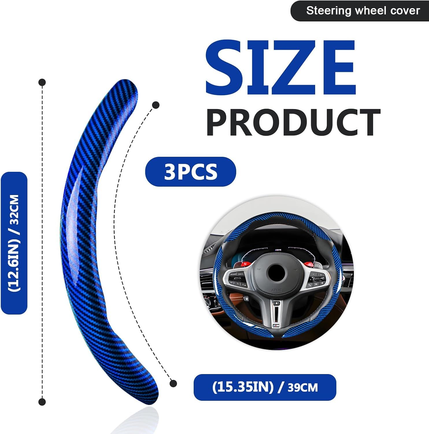 3pcs Universal Carbon Fiber Steering Wheel Cover - Anti-Slip & Segmented Design, Universal 99% Durable Steering Wheel Protector for Men and Women, Car Interior Accessory (Blue) - Image 2