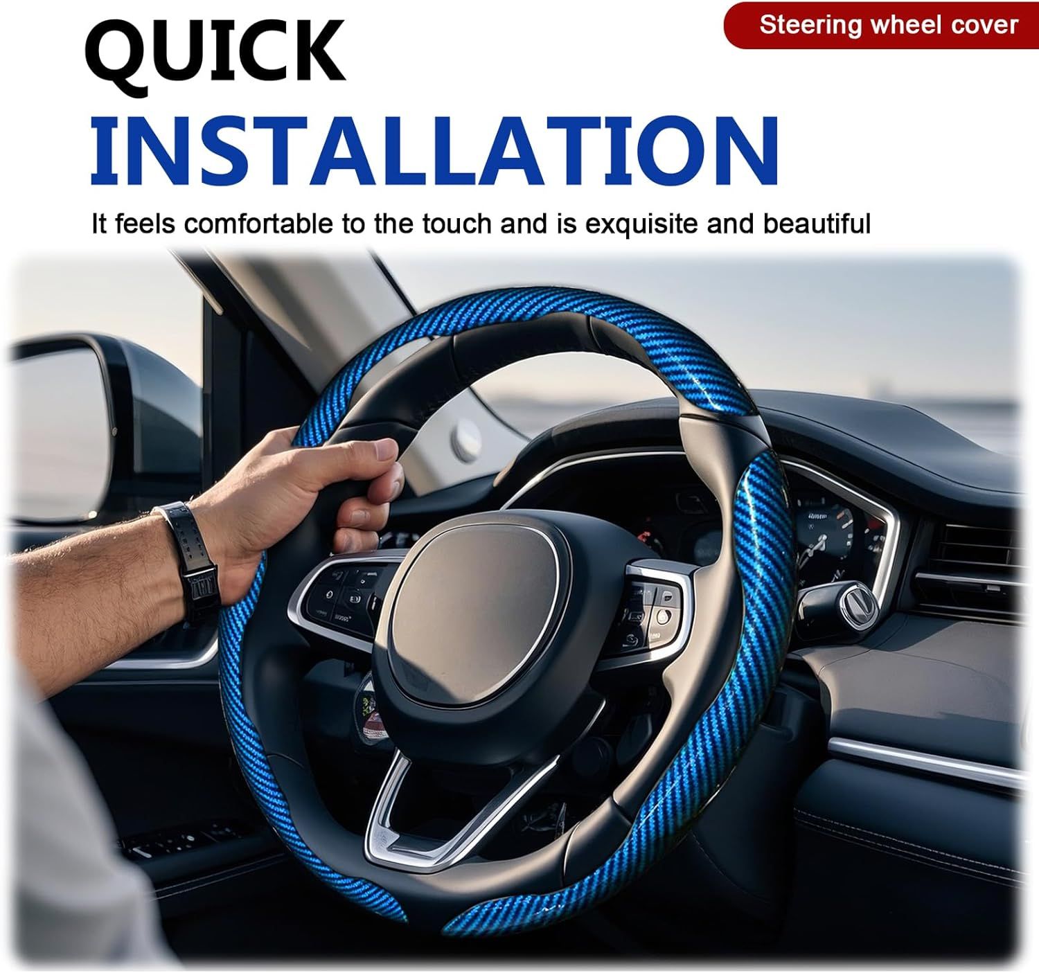 3pcs Universal Carbon Fiber Steering Wheel Cover - Anti-Slip & Segmented Design, Universal 99% Durable Steering Wheel Protector for Men and Women, Car Interior Accessory (Blue) - Image 6
