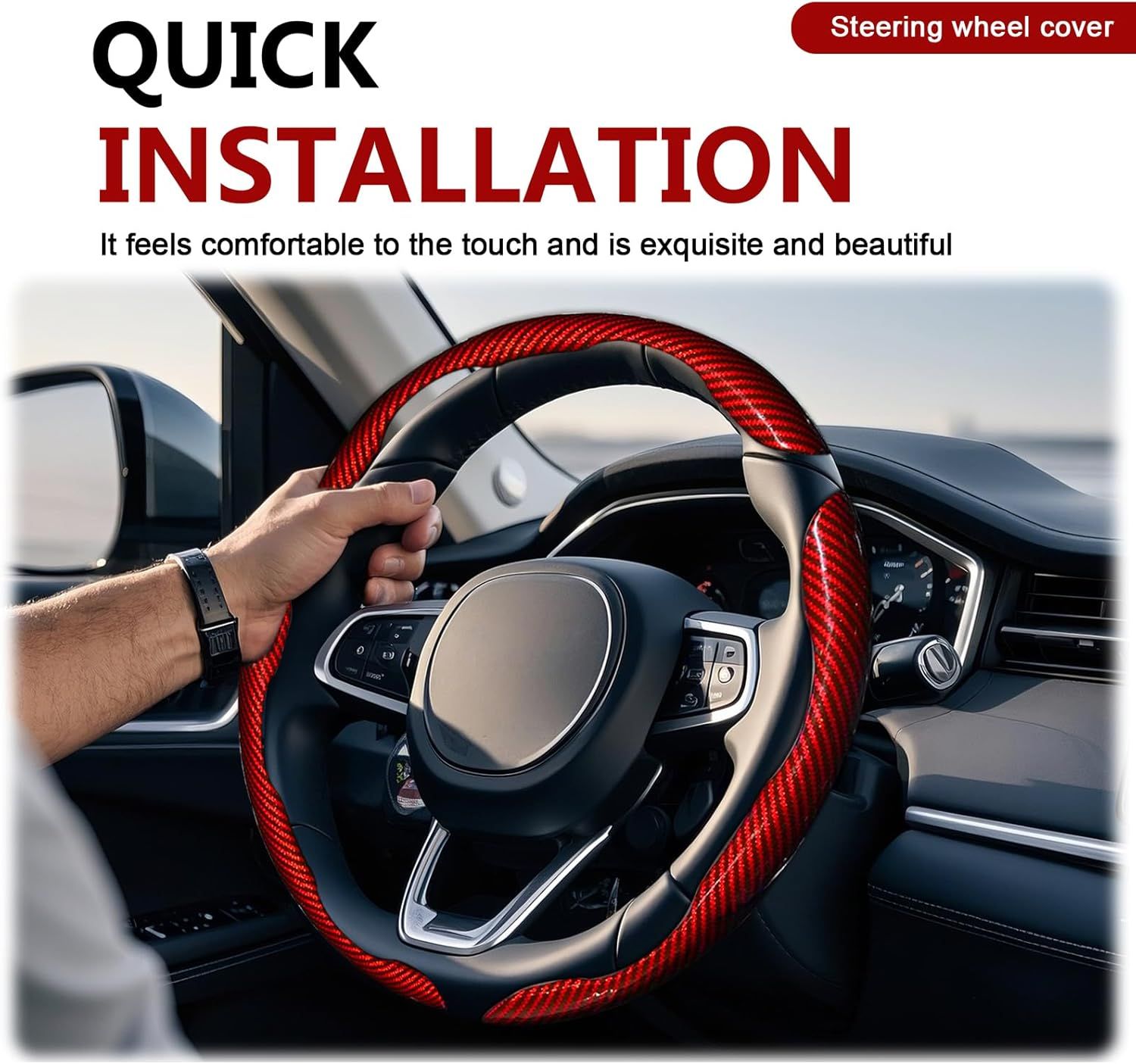 3pcs Universal Carbon Fiber Steering Wheel Cover - Anti-Slip & Segmented Design, Universal 99% Durable Steering Wheel Protector for Men and Women, Car Interior Accessory (Red) - Image 6