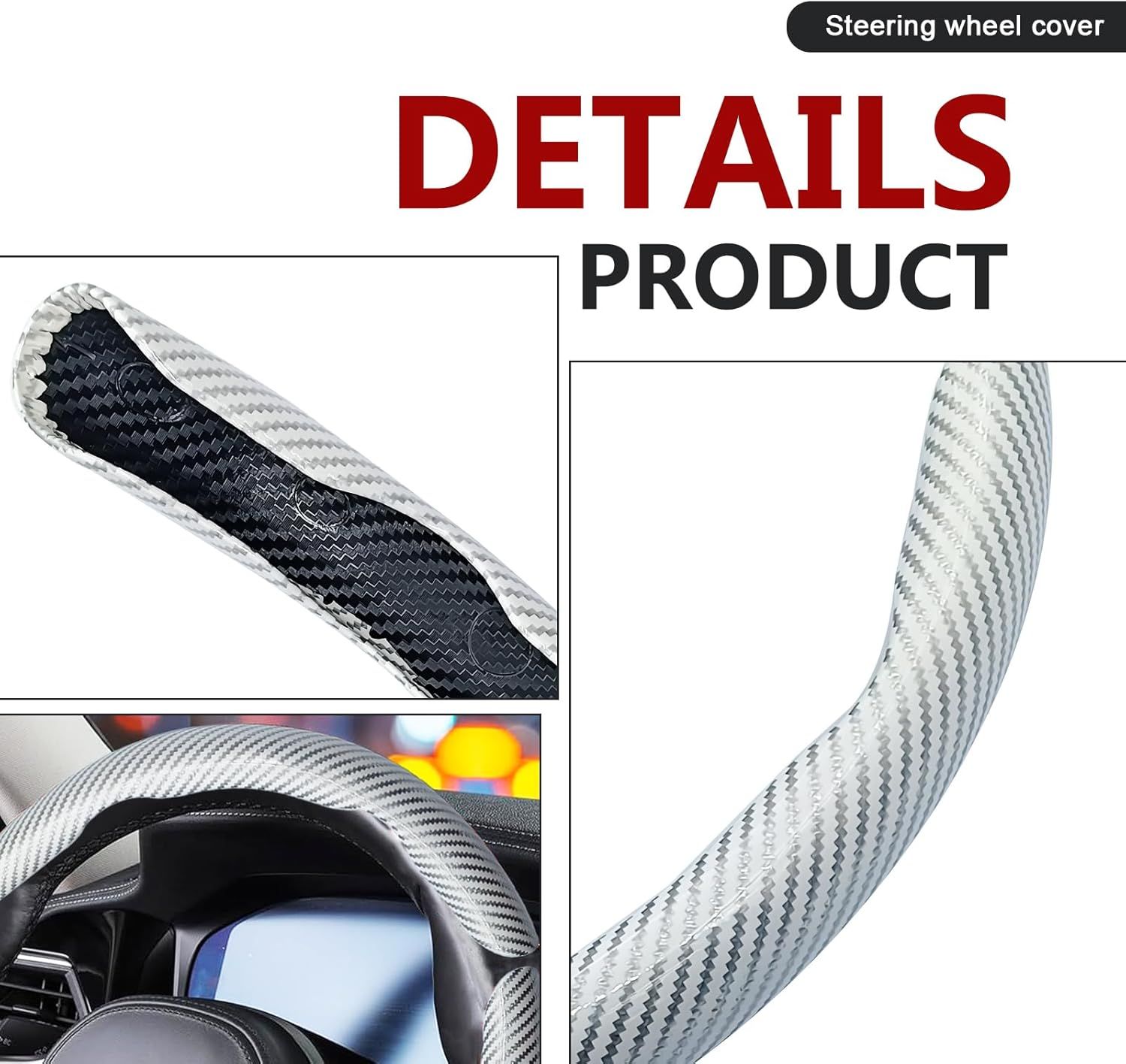 3pcs Universal Carbon Fiber Steering Wheel Cover - Anti-Slip & Segmented Design, Universal 99% Durable Steering Wheel Protector for Men and Women, Car Interior Accessory (White) - Image 3