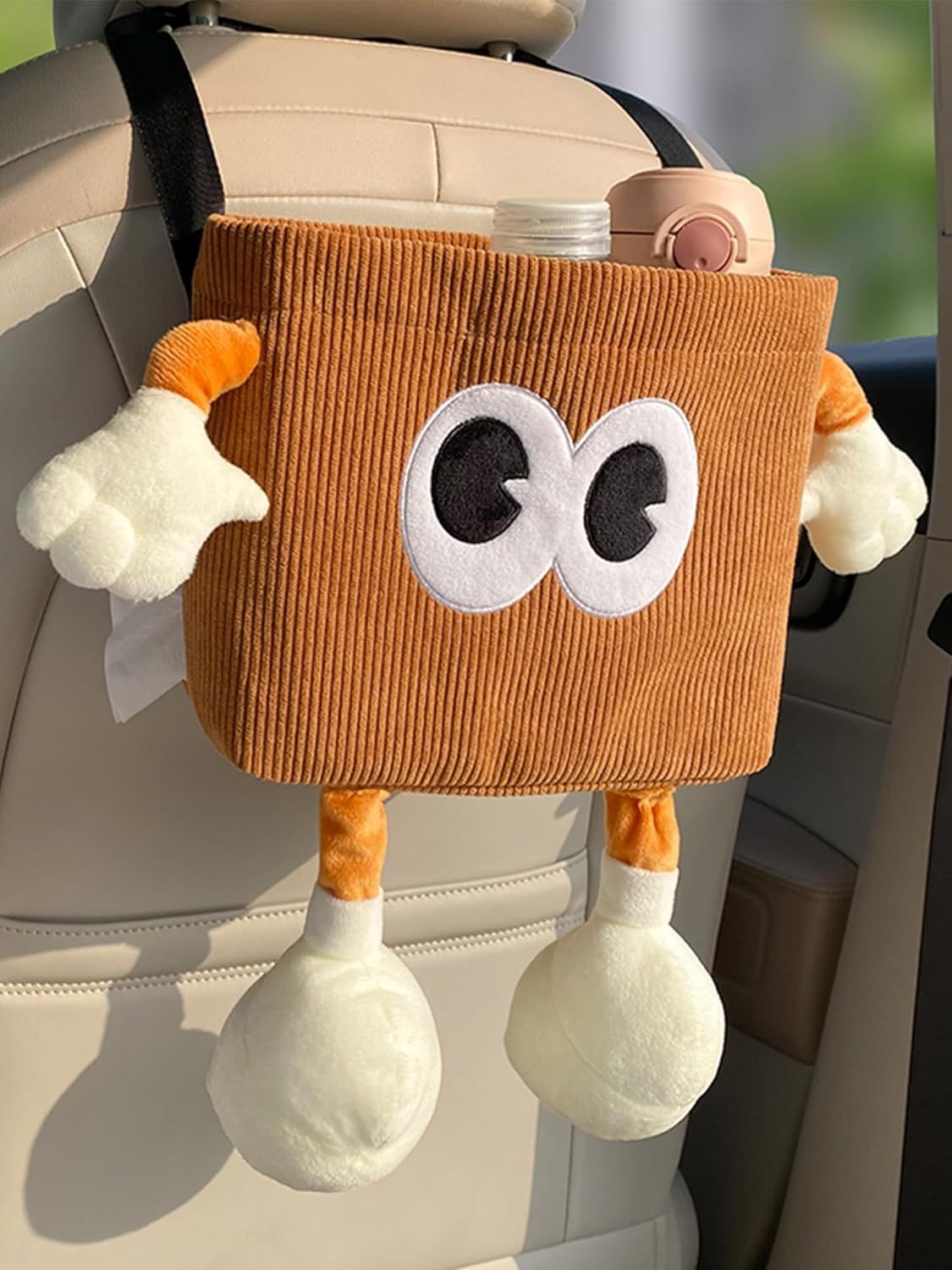 Car Cute 2 in 1 Trash Can with Tissue Holder Box Seat Back Bag Hanging over the Seat Organizer Plush Cartoon Animal Storage Garbage,Brown - Image 1