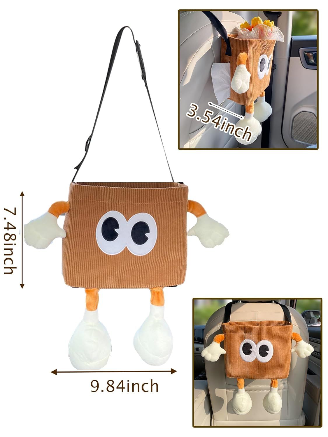 Car Cute 2 in 1 Trash Can with Tissue Holder Box Seat Back Bag Hanging over the Seat Organizer Plush Cartoon Animal Storage Garbage,Brown - Image 2