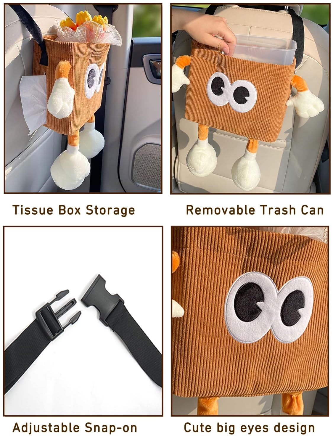 Car Cute 2 in 1 Trash Can with Tissue Holder Box Seat Back Bag Hanging over the Seat Organizer Plush Cartoon Animal Storage Garbage,Brown - Image 3
