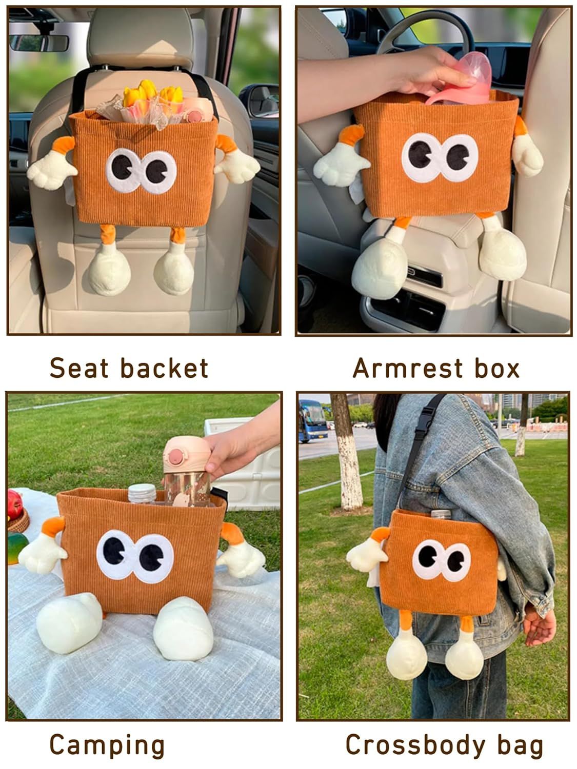 Car Cute 2 in 1 Trash Can with Tissue Holder Box Seat Back Bag Hanging over the Seat Organizer Plush Cartoon Animal Storage Garbage,Brown - Image 4