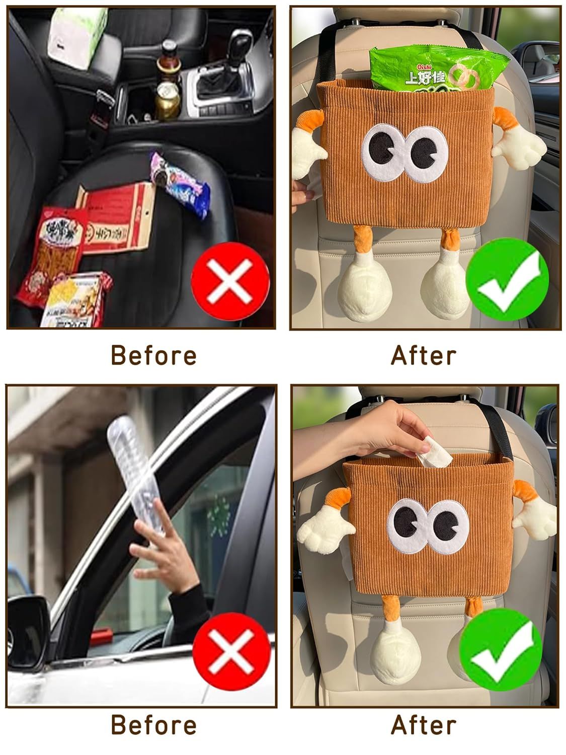 Car Cute 2 in 1 Trash Can with Tissue Holder Box Seat Back Bag Hanging over the Seat Organizer Plush Cartoon Animal Storage Garbage,Brown - Image 5