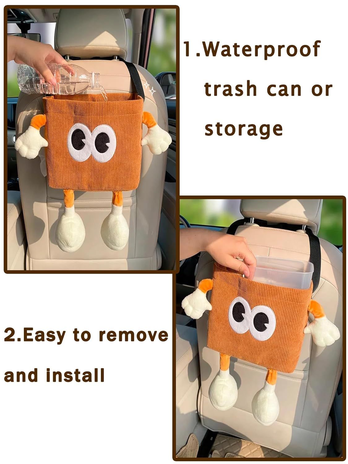 Car Cute 2 in 1 Trash Can with Tissue Holder Box Seat Back Bag Hanging over the Seat Organizer Plush Cartoon Animal Storage Garbage,Brown - Image 6