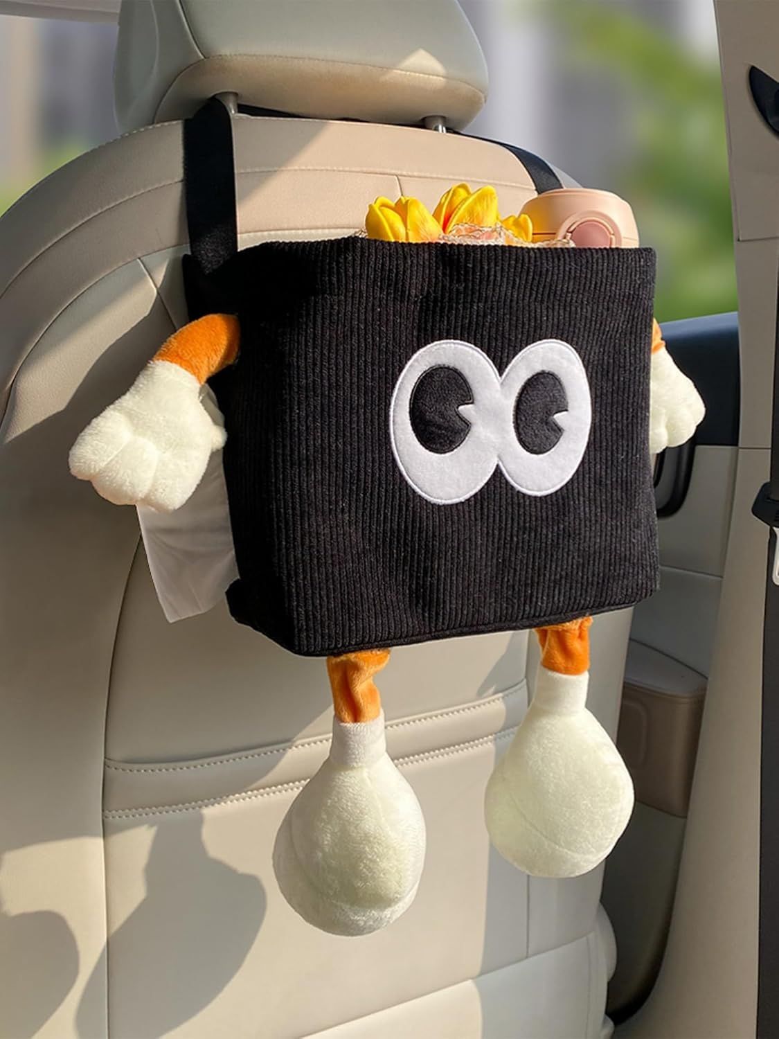 Car Cute 2 in 1 Trash Can with Tissue Holder Box Seat Back Bag Hanging over the Seat Organizer Plush Cartoon Animal Storage Garbage,Black - Image 1