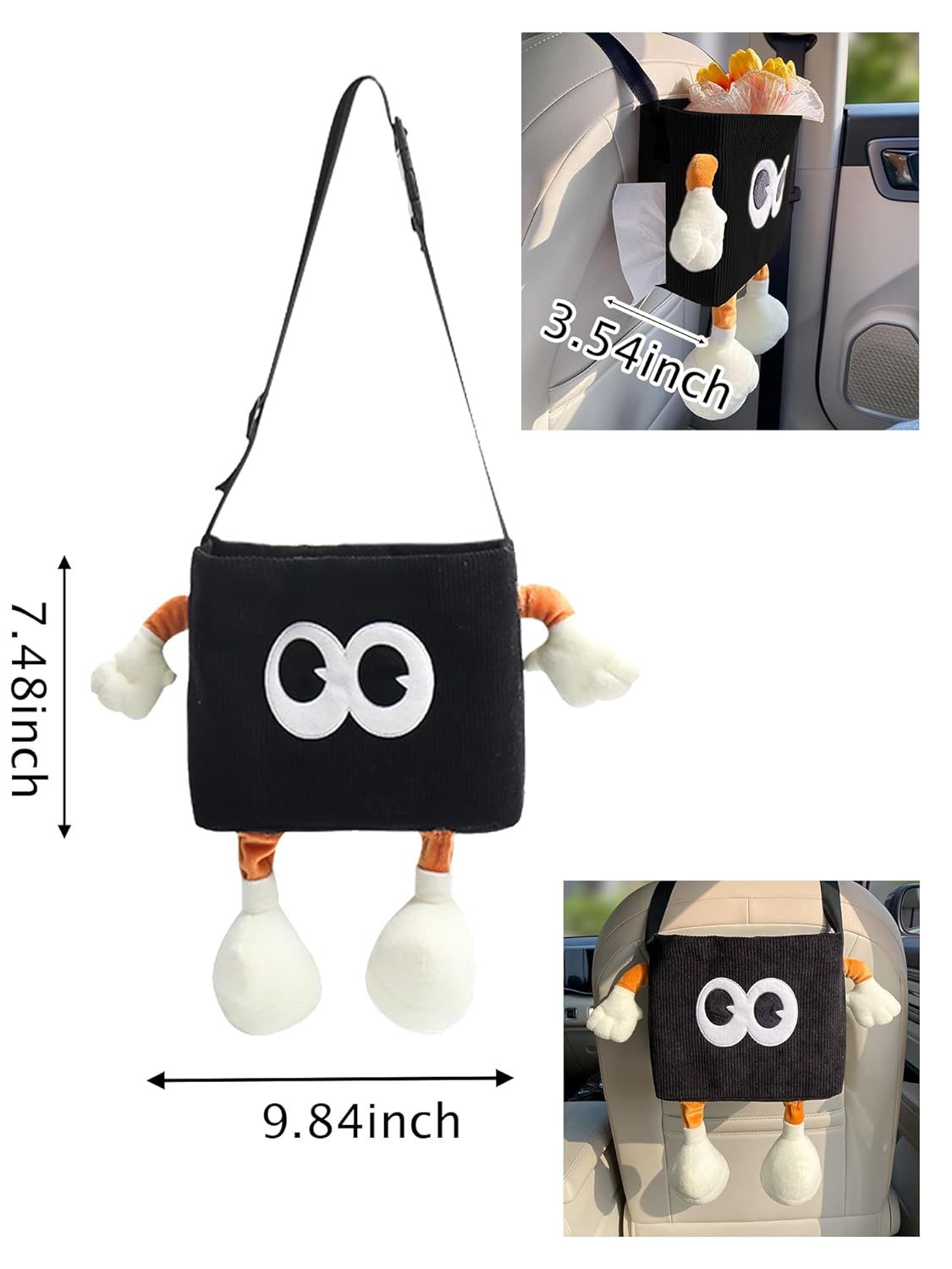 Car Cute 2 in 1 Trash Can with Tissue Holder Box Seat Back Bag Hanging over the Seat Organizer Plush Cartoon Animal Storage Garbage,Black - Image 2