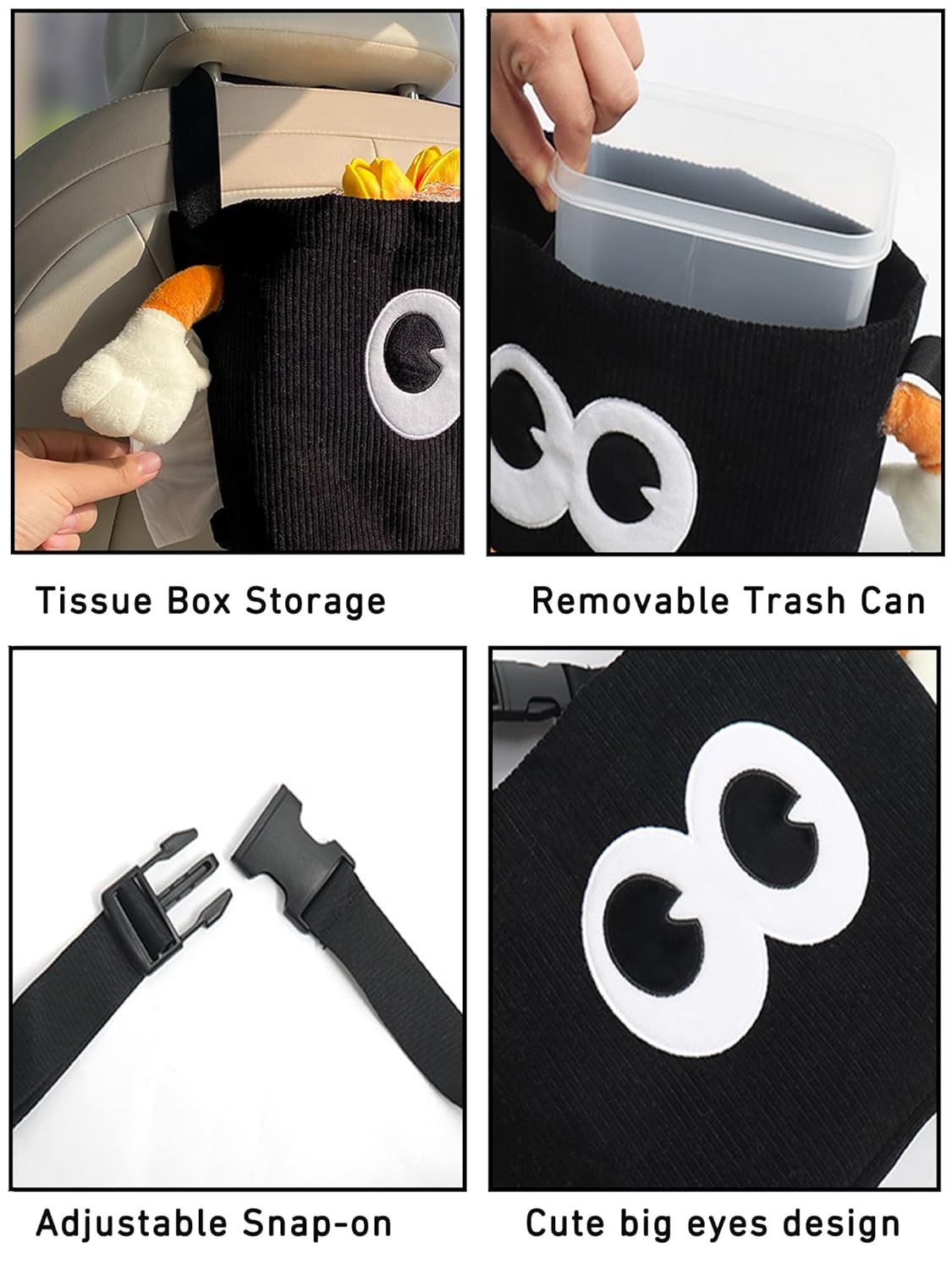 Car Cute 2 in 1 Trash Can with Tissue Holder Box Seat Back Bag Hanging over the Seat Organizer Plush Cartoon Animal Storage Garbage,Black - Image 3