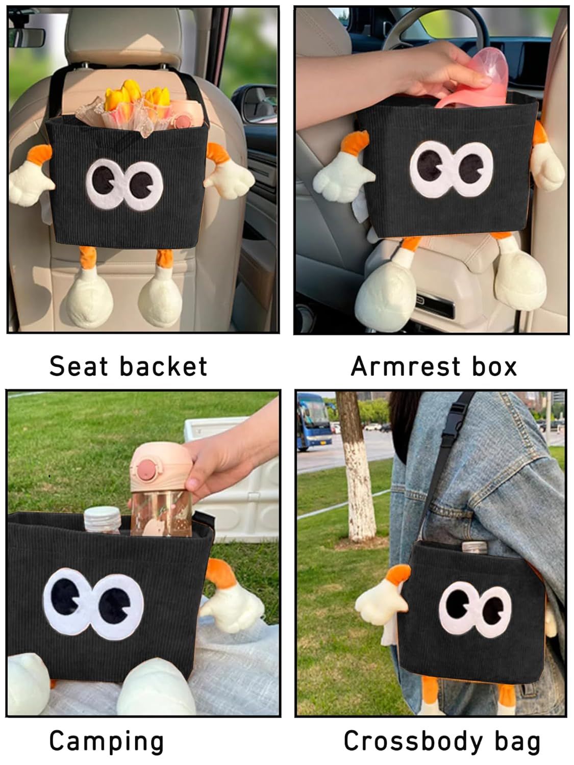 Car Cute 2 in 1 Trash Can with Tissue Holder Box Seat Back Bag Hanging over the Seat Organizer Plush Cartoon Animal Storage Garbage,Black - Image 4