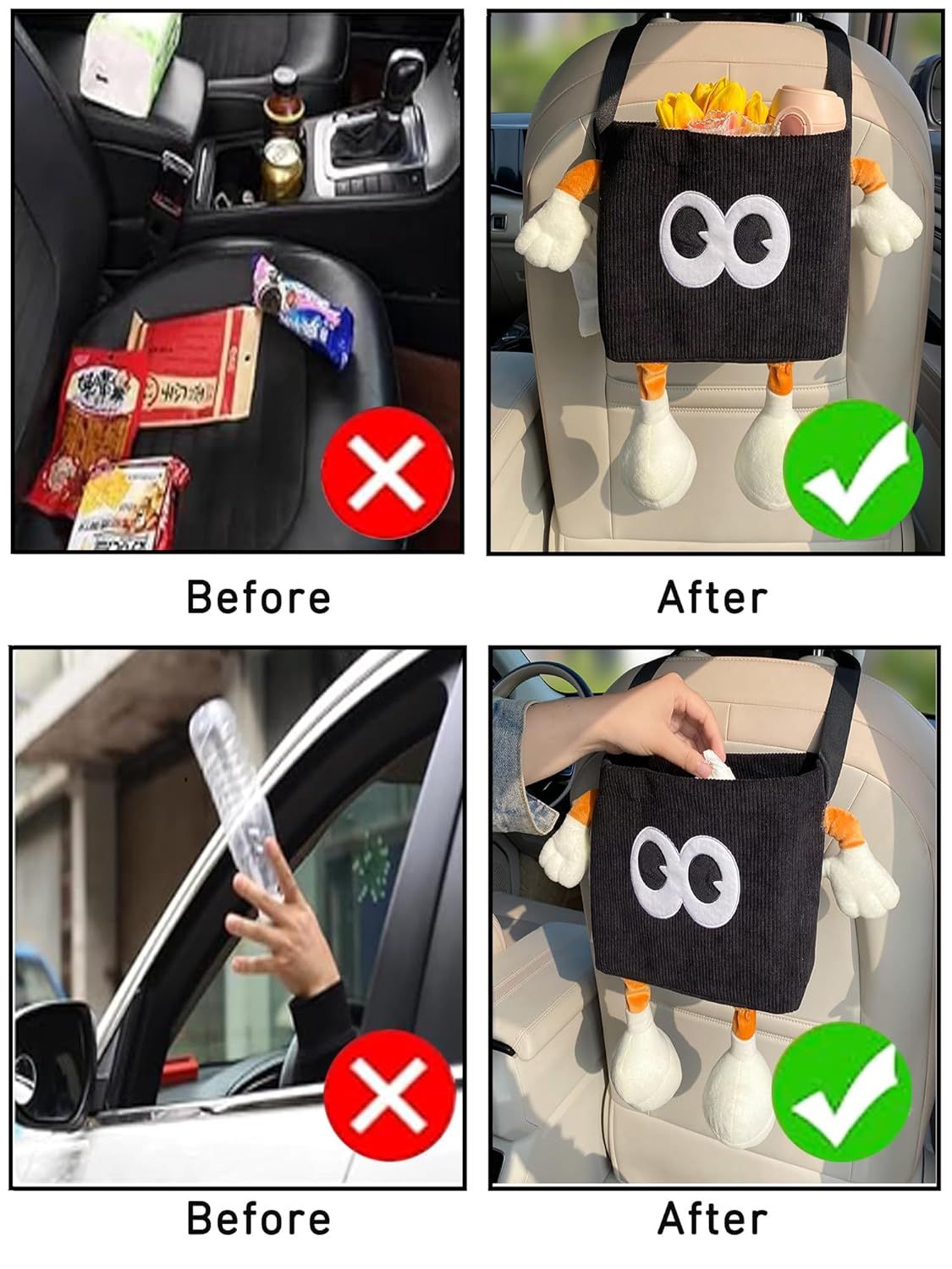 Car Cute 2 in 1 Trash Can with Tissue Holder Box Seat Back Bag Hanging over the Seat Organizer Plush Cartoon Animal Storage Garbage,Black - Image 5
