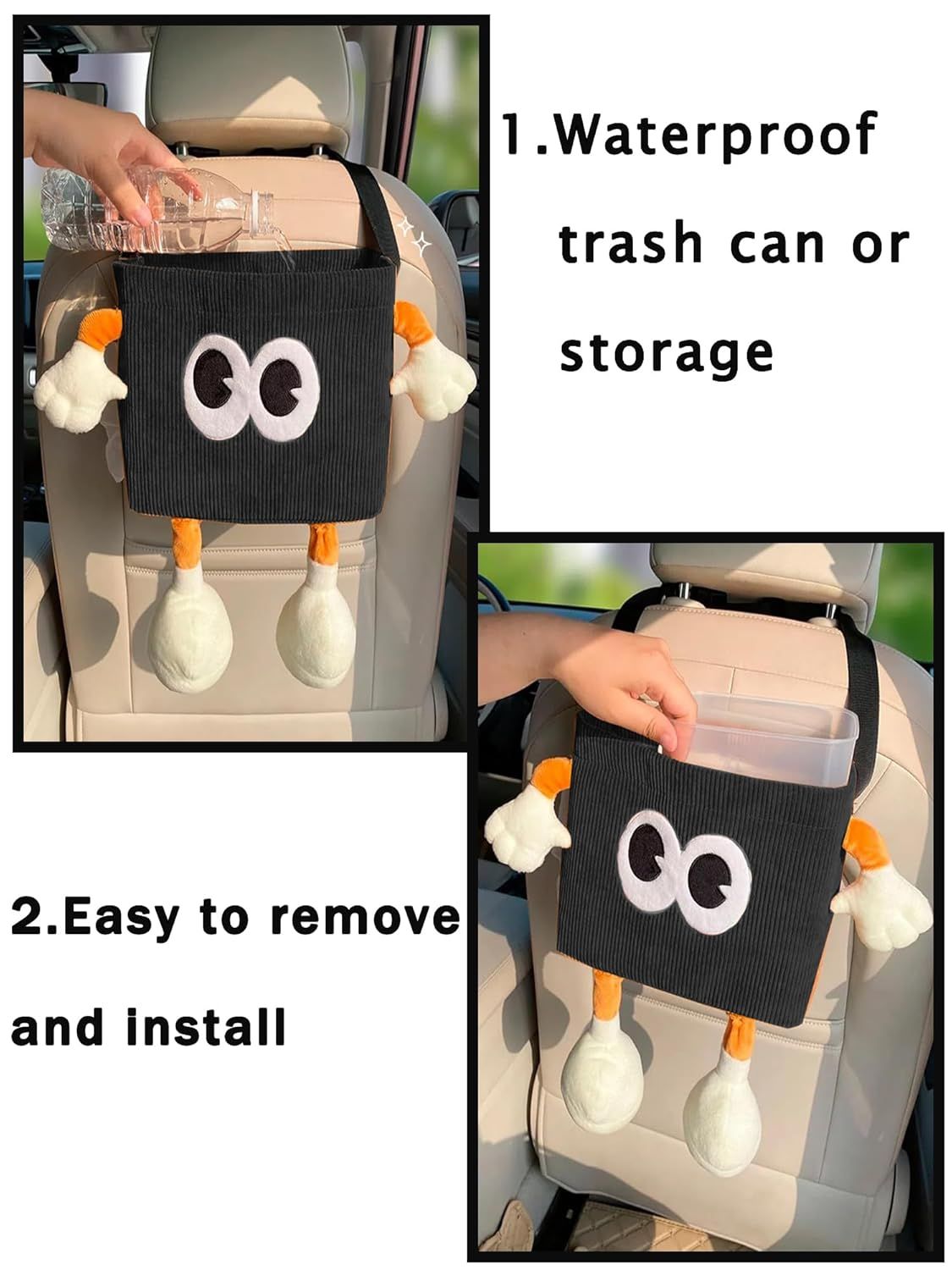 Car Cute 2 in 1 Trash Can with Tissue Holder Box Seat Back Bag Hanging over the Seat Organizer Plush Cartoon Animal Storage Garbage,Black - Image 6