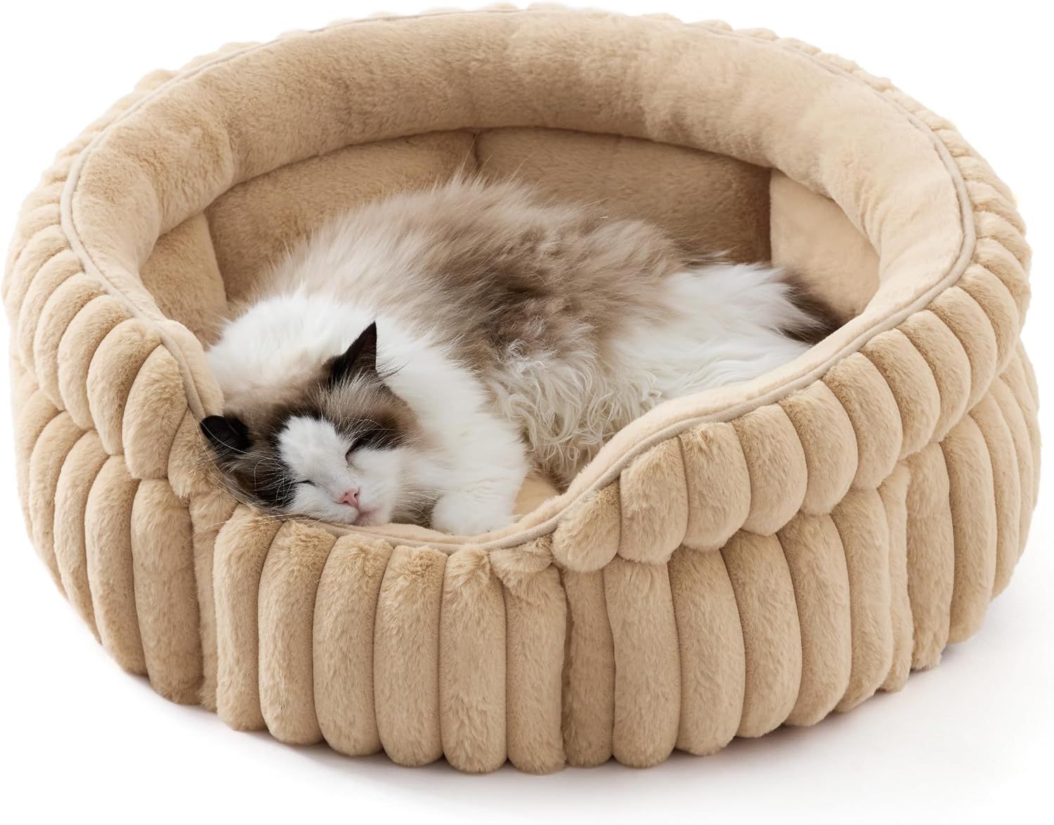 Cat Bed, Washable Round Cute Cat Beds for Indoor Cats, Super Soft Corduroy Pet Bed for Puppy and Kitten with Anti-Slip Bottom, 23''x23''x8.5'', Sandy Beige - Image 1