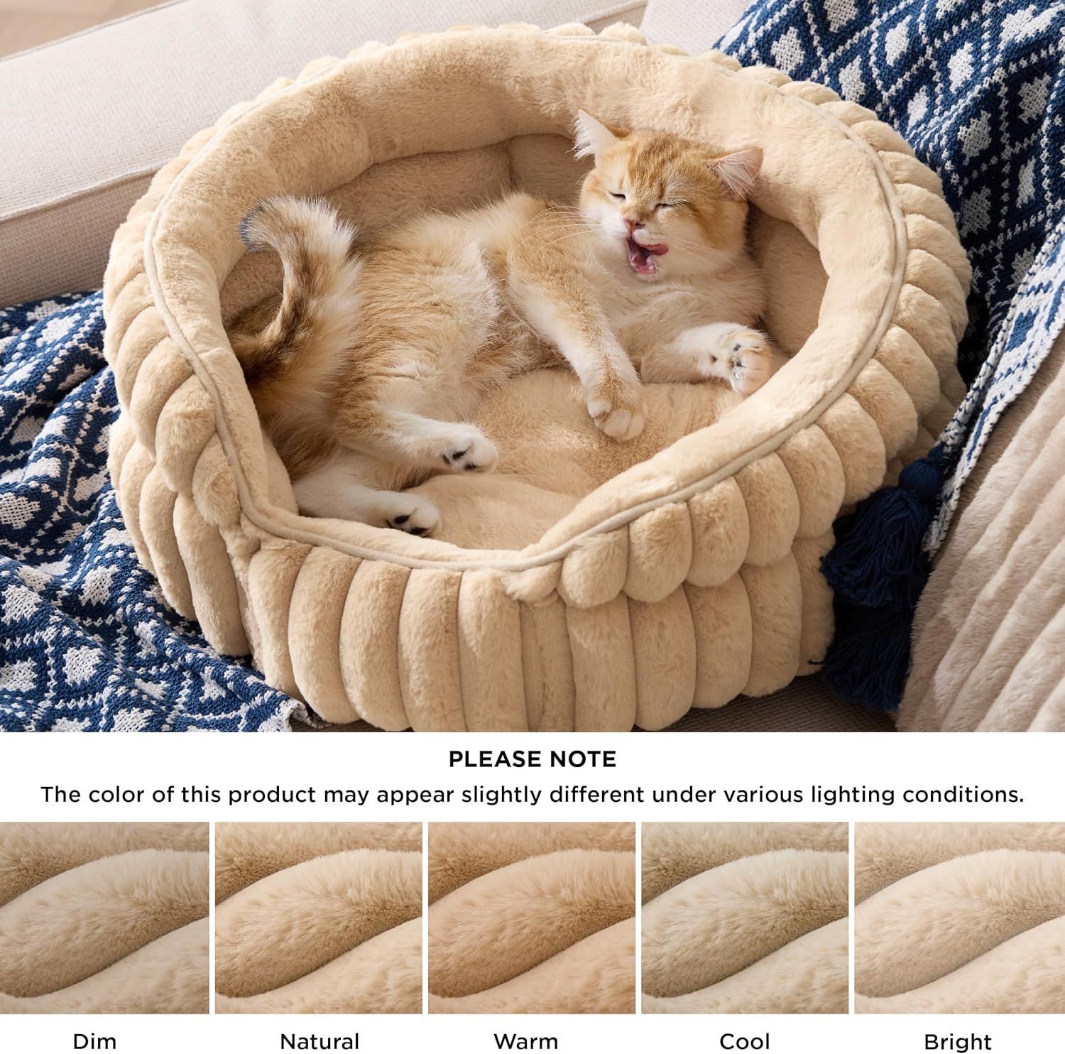 Cat Bed, Washable Round Cute Cat Beds for Indoor Cats, Super Soft Corduroy Pet Bed for Puppy and Kitten with Anti-Slip Bottom, 23''x23''x8.5'', Sandy Beige - Image 2