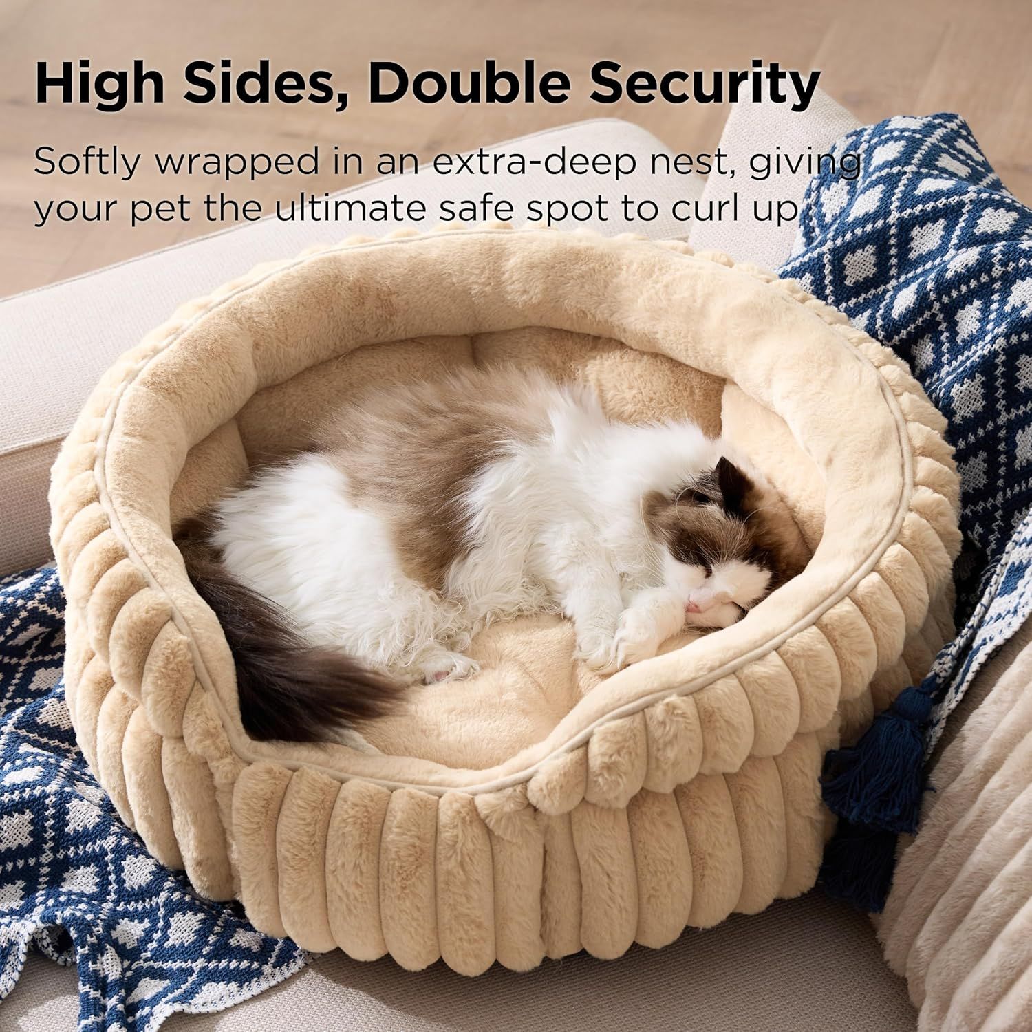 Cat Bed, Washable Round Cute Cat Beds for Indoor Cats, Super Soft Corduroy Pet Bed for Puppy and Kitten with Anti-Slip Bottom, 23''x23''x8.5'', Sandy Beige - Image 3